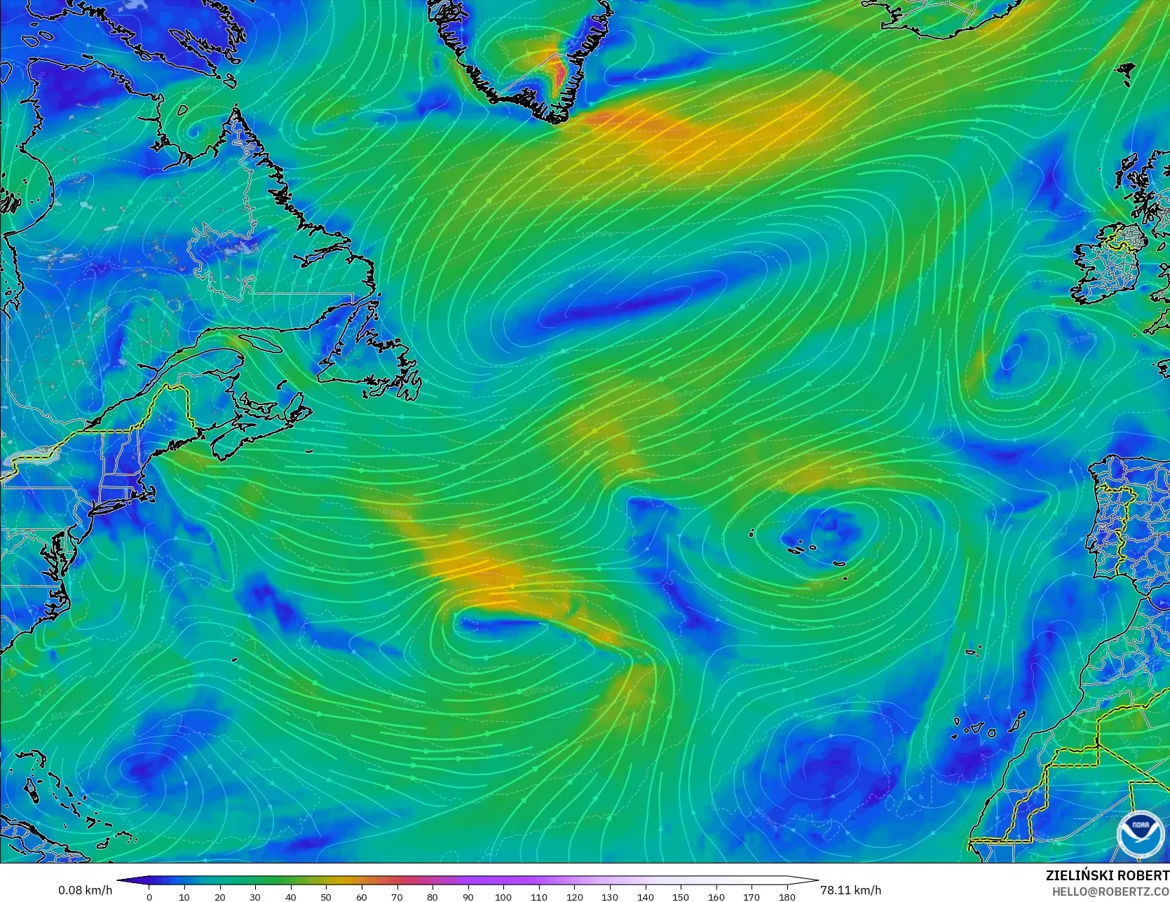 GFS model - Kuzey Atlantik, 10 m Rüzgâr