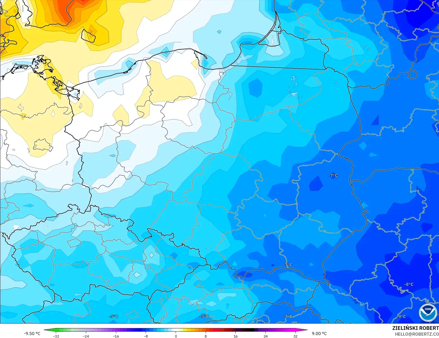GFS model - Polonya, 2 m Sıcaklık Anomalisi