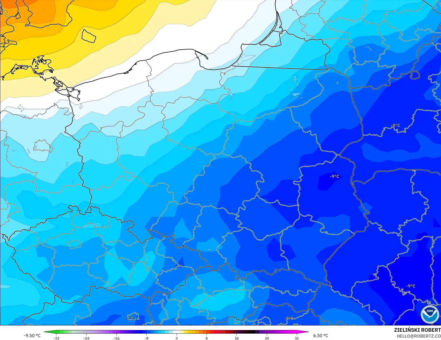 GFS model - Polonya, 850 hPa Sıcaklık Anomalisi
