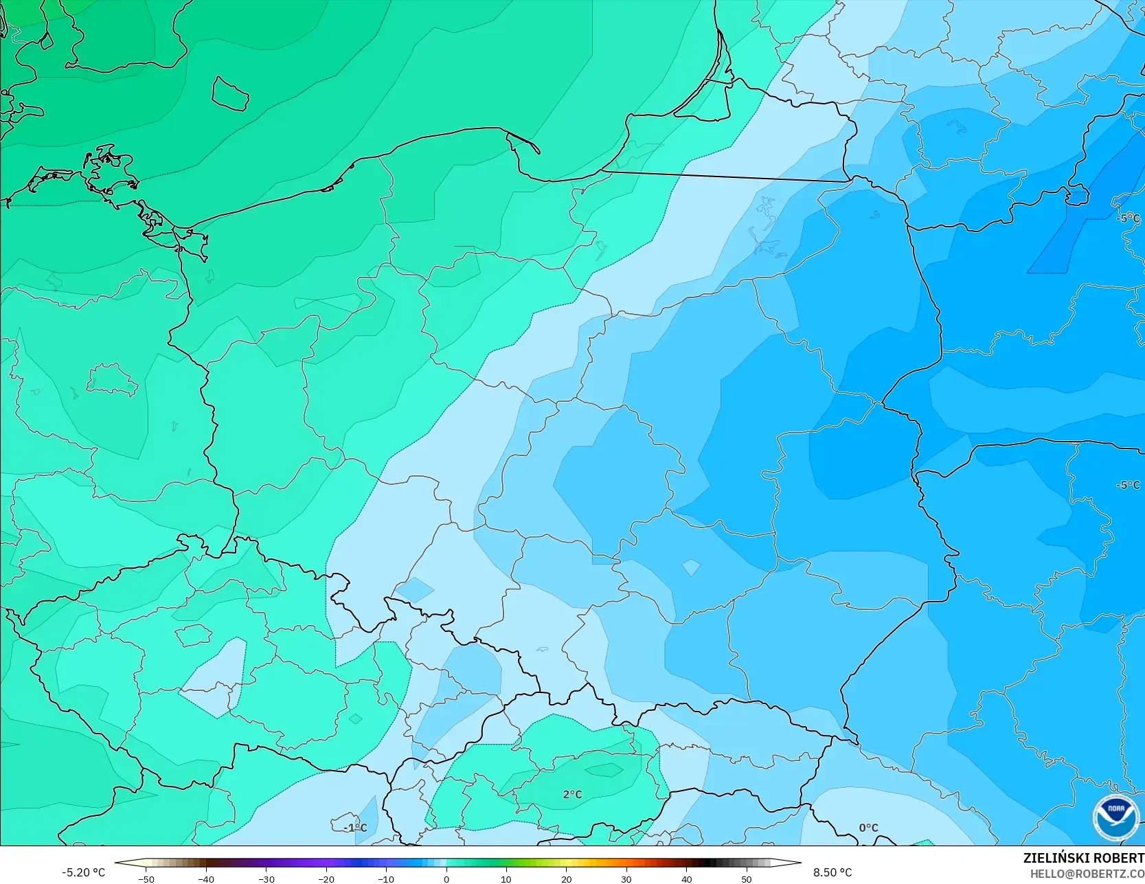 GFS model - Polonya, 850 hPa Sıcaklık