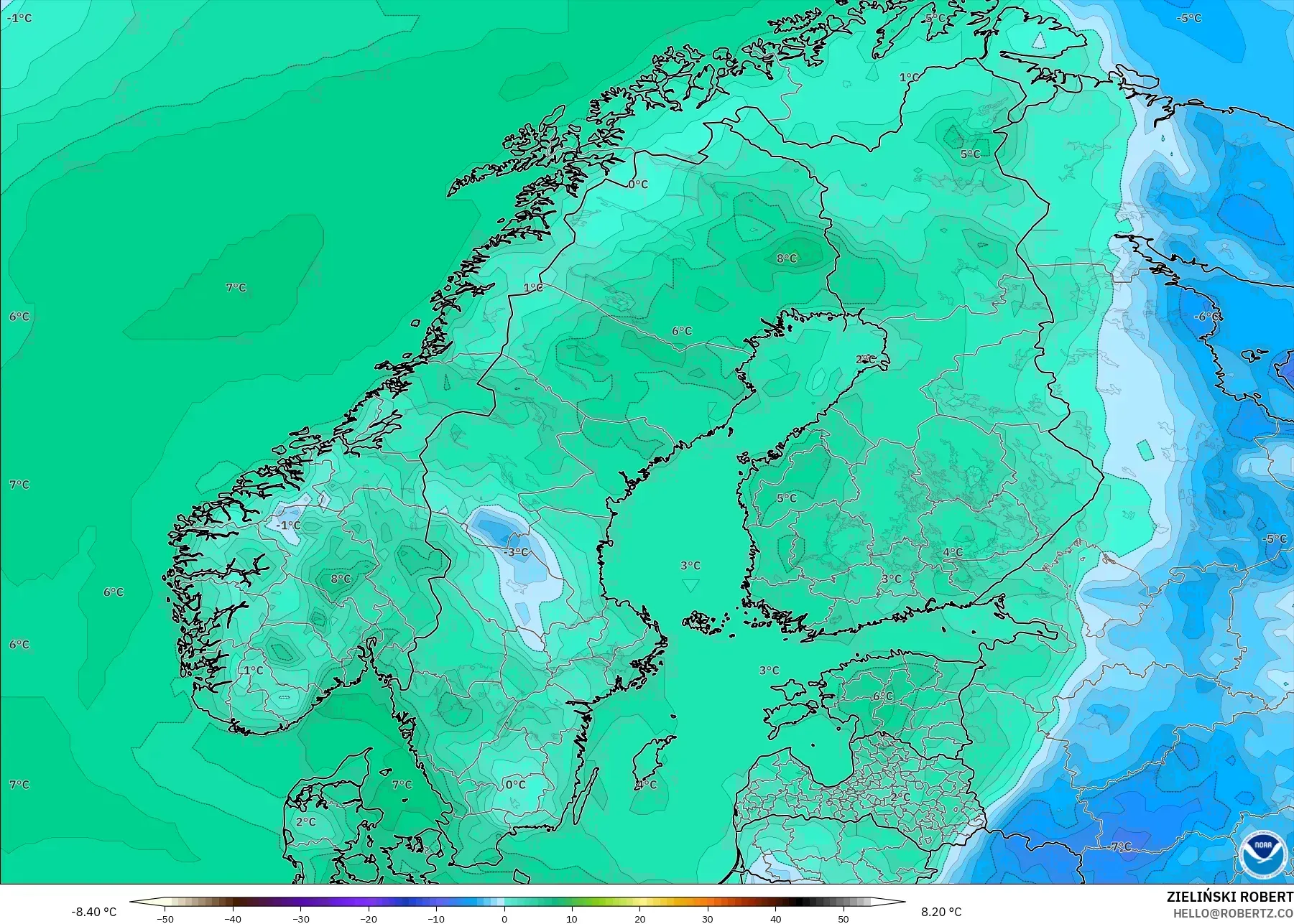 GFS model - İskandinavya, 2 m Çiy Noktası