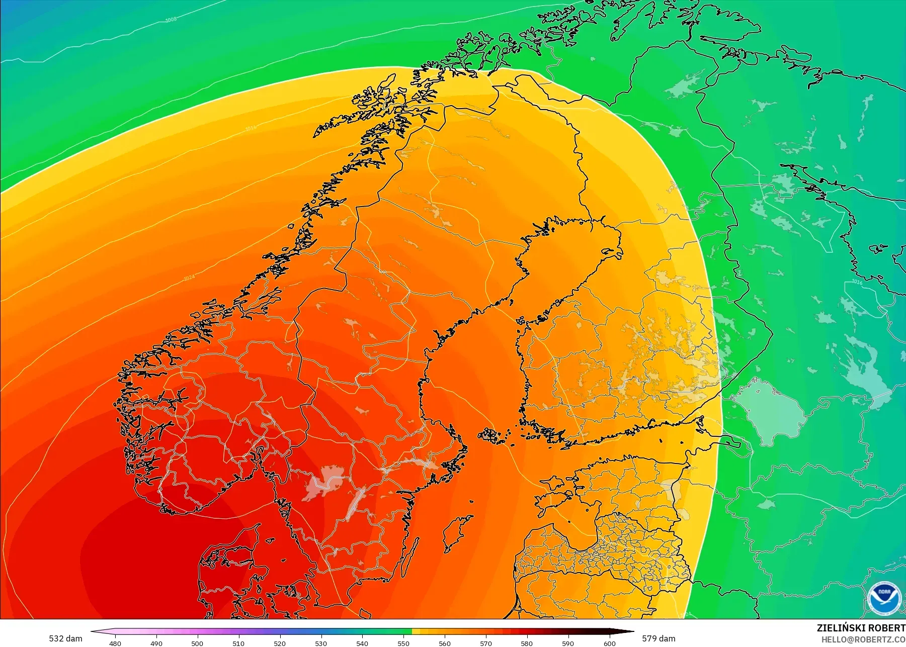 GFS model - İskandinavya, 500 hPa’da jeopotansiyel yükseklik
