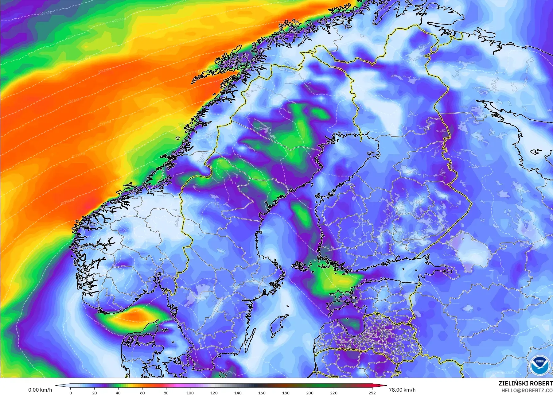 GFS model - İskandinavya, Rüzgâr Esintileri
