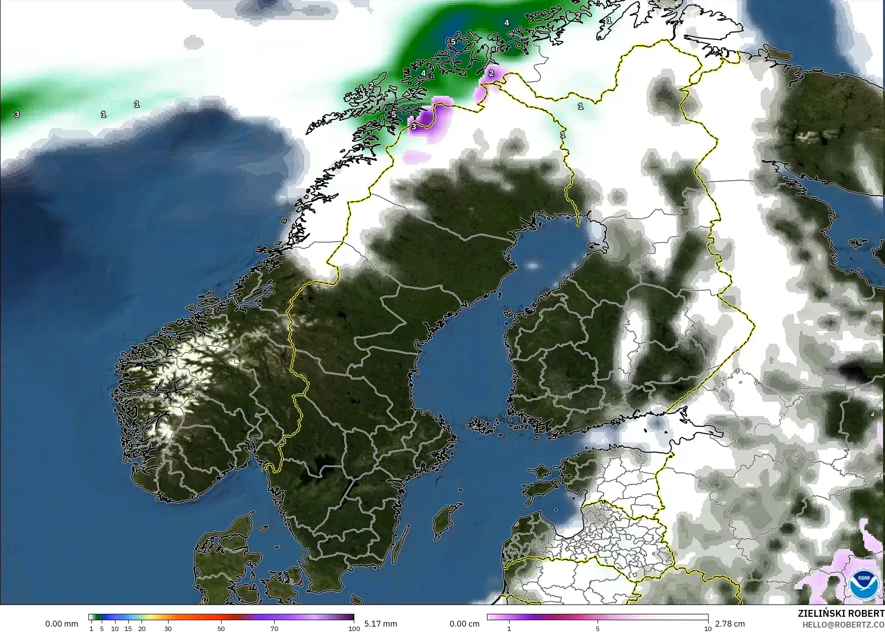 GFS model - İskandinavya, Yağış, Bulut ve Basınç