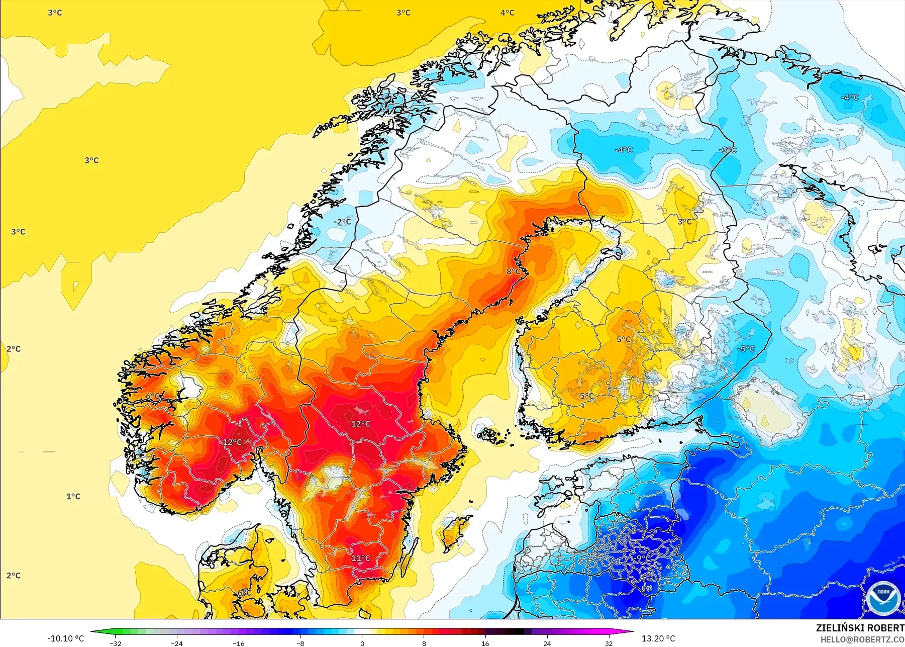 GFS model - İskandinavya, 2 m Sıcaklık Anomalisi