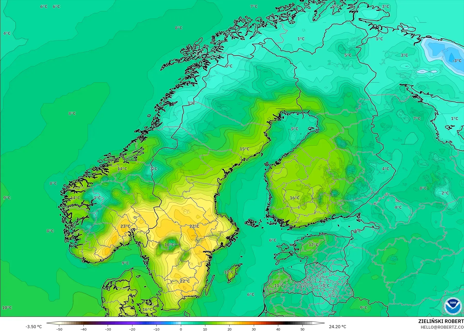 GFS model - İskandinavya, 2 m Sıcaklık