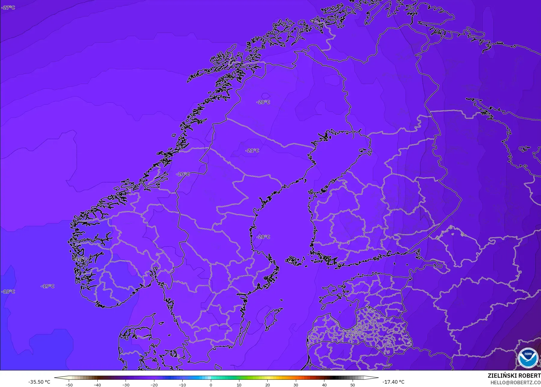 GFS model - İskandinavya, 500 hPa Sıcaklık