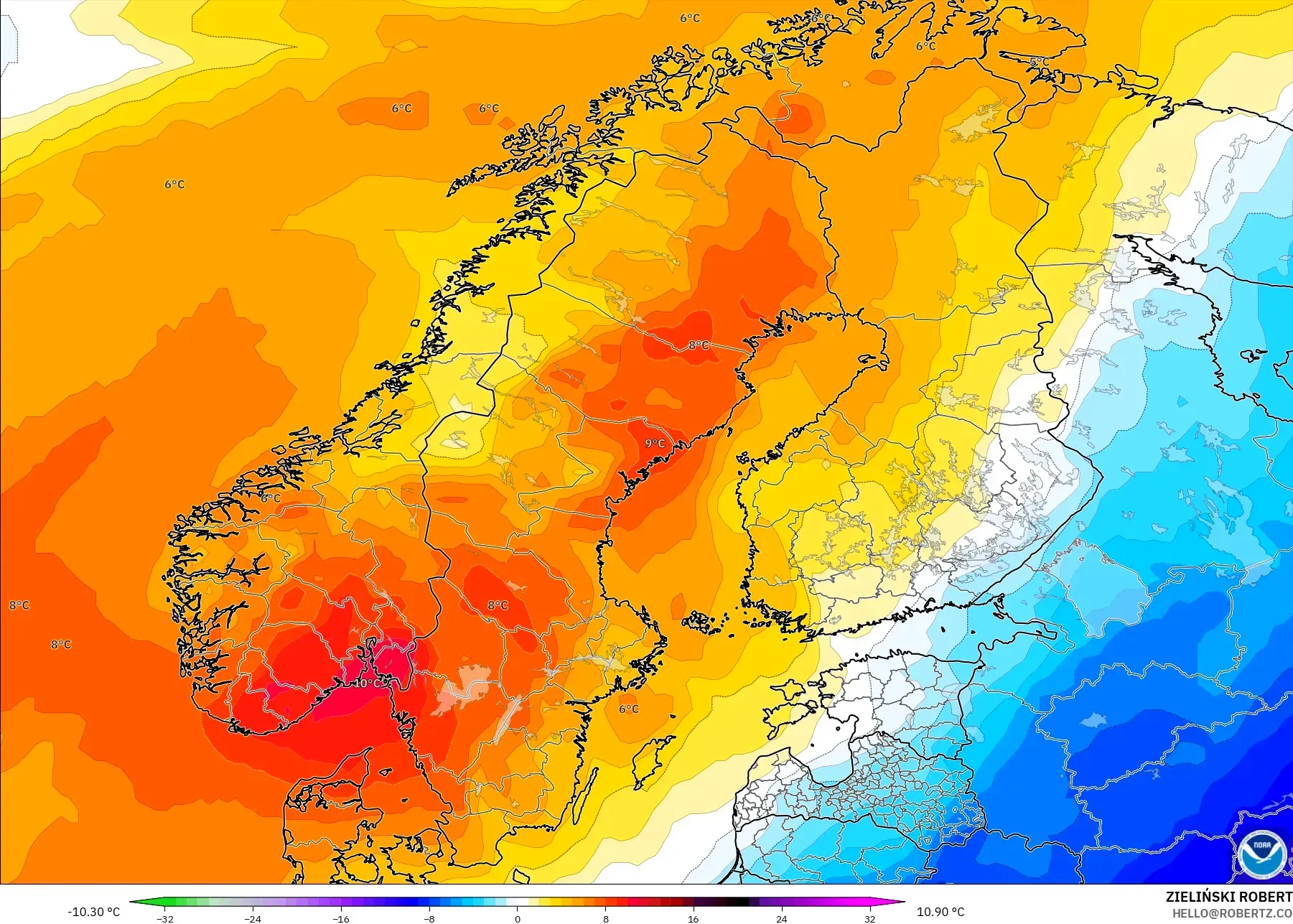 GFS model - İskandinavya, 850 hPa Sıcaklık Anomalisi