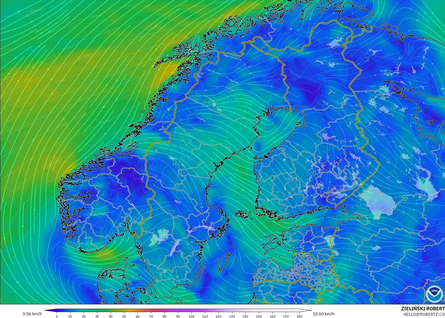 GFS model - İskandinavya, 10 m Rüzgâr