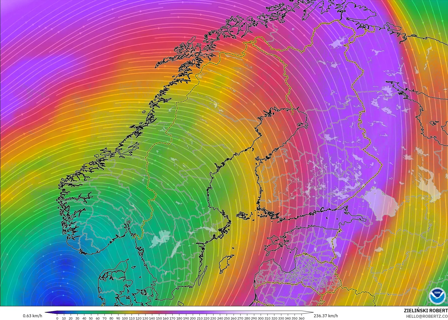 GFS model - İskandinavya, 300 hPa Rüzgârı (jet)