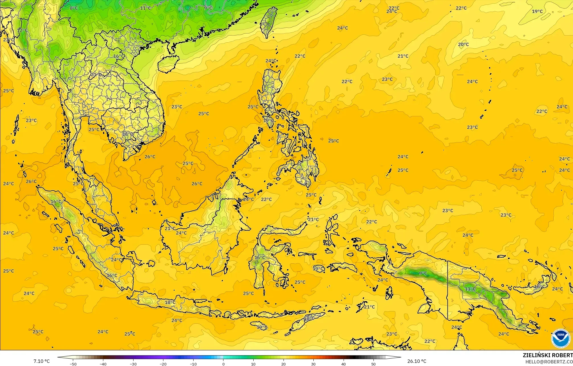 GFS model - Güneydoğu Asya, 2 m Çiy Noktası