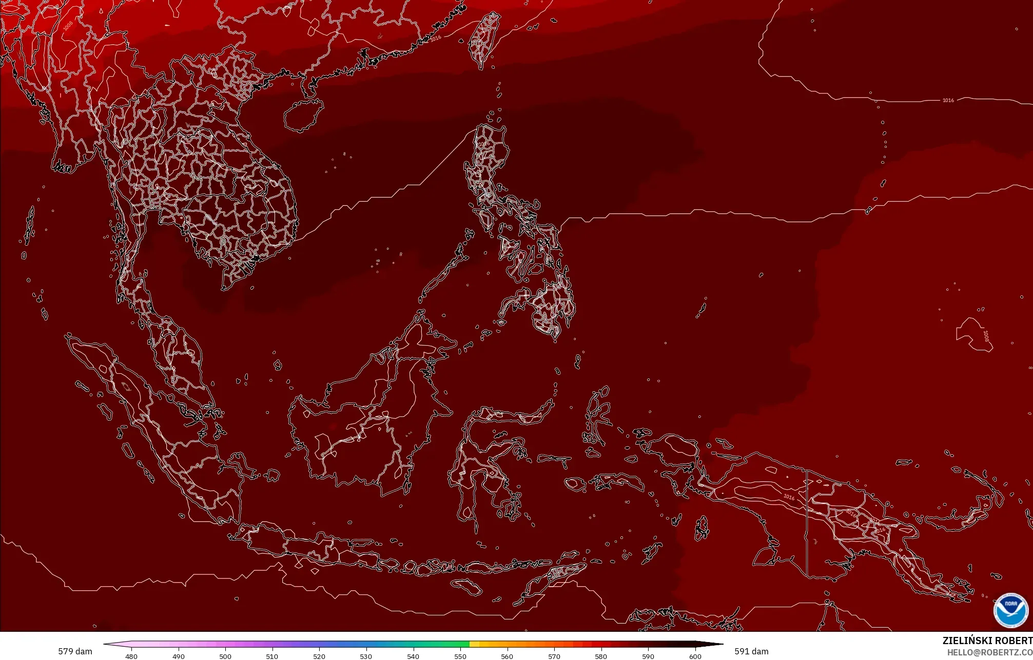 GFS model - Güneydoğu Asya, 500 hPa’da jeopotansiyel yükseklik