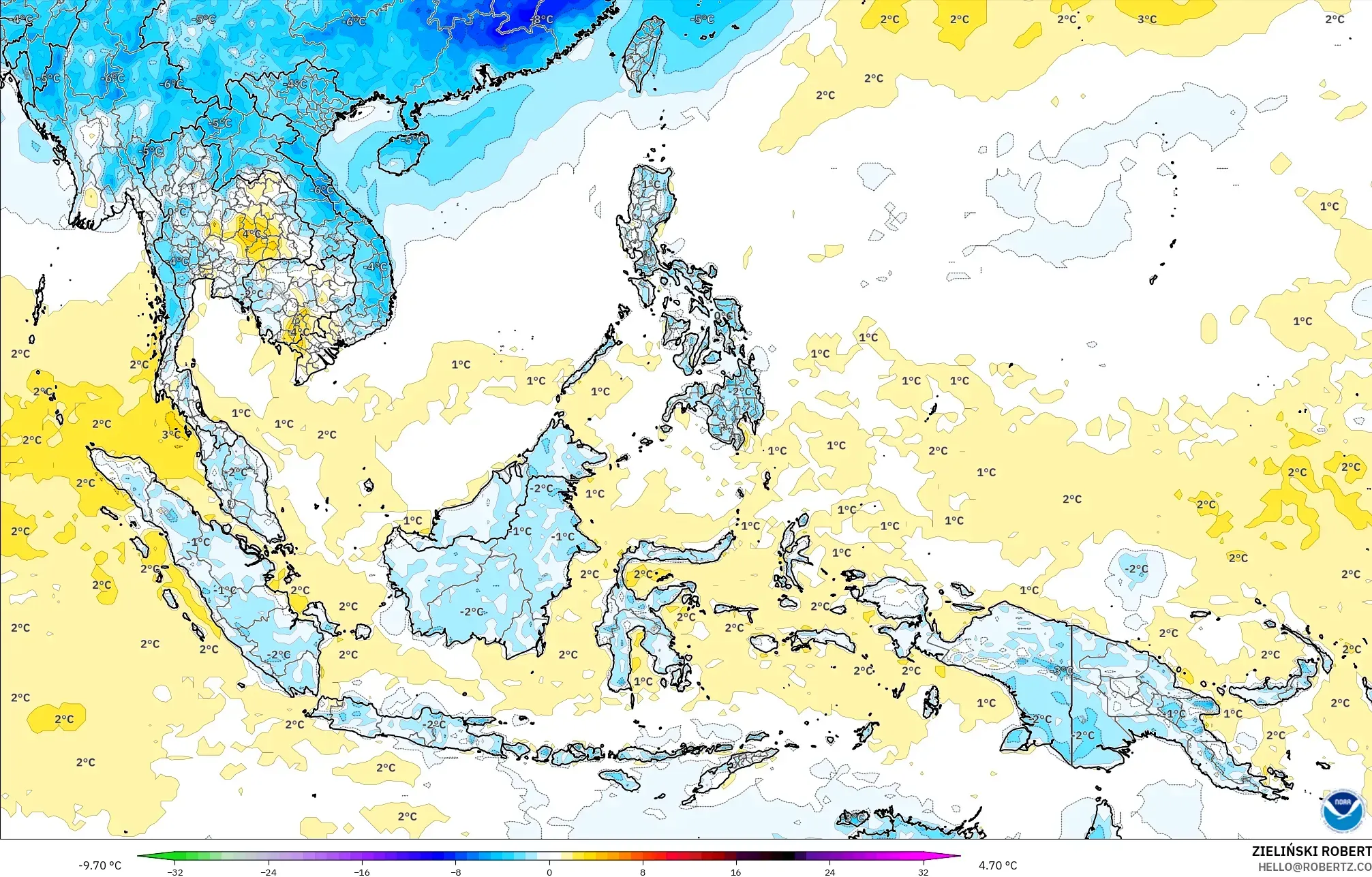 GFS model - Güneydoğu Asya, 2 m Sıcaklık Anomalisi