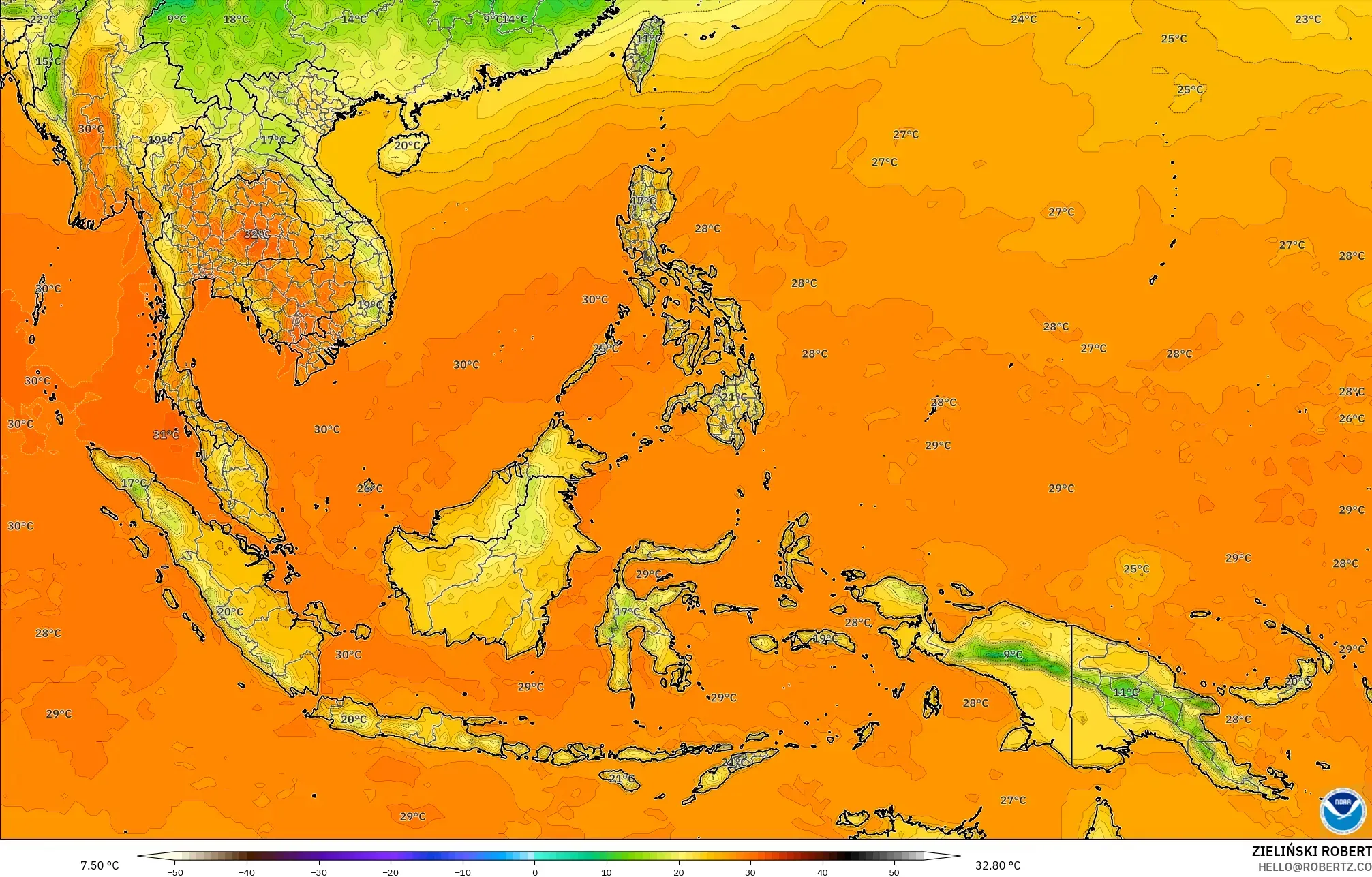 GFS model - Güneydoğu Asya, 2 m Sıcaklık