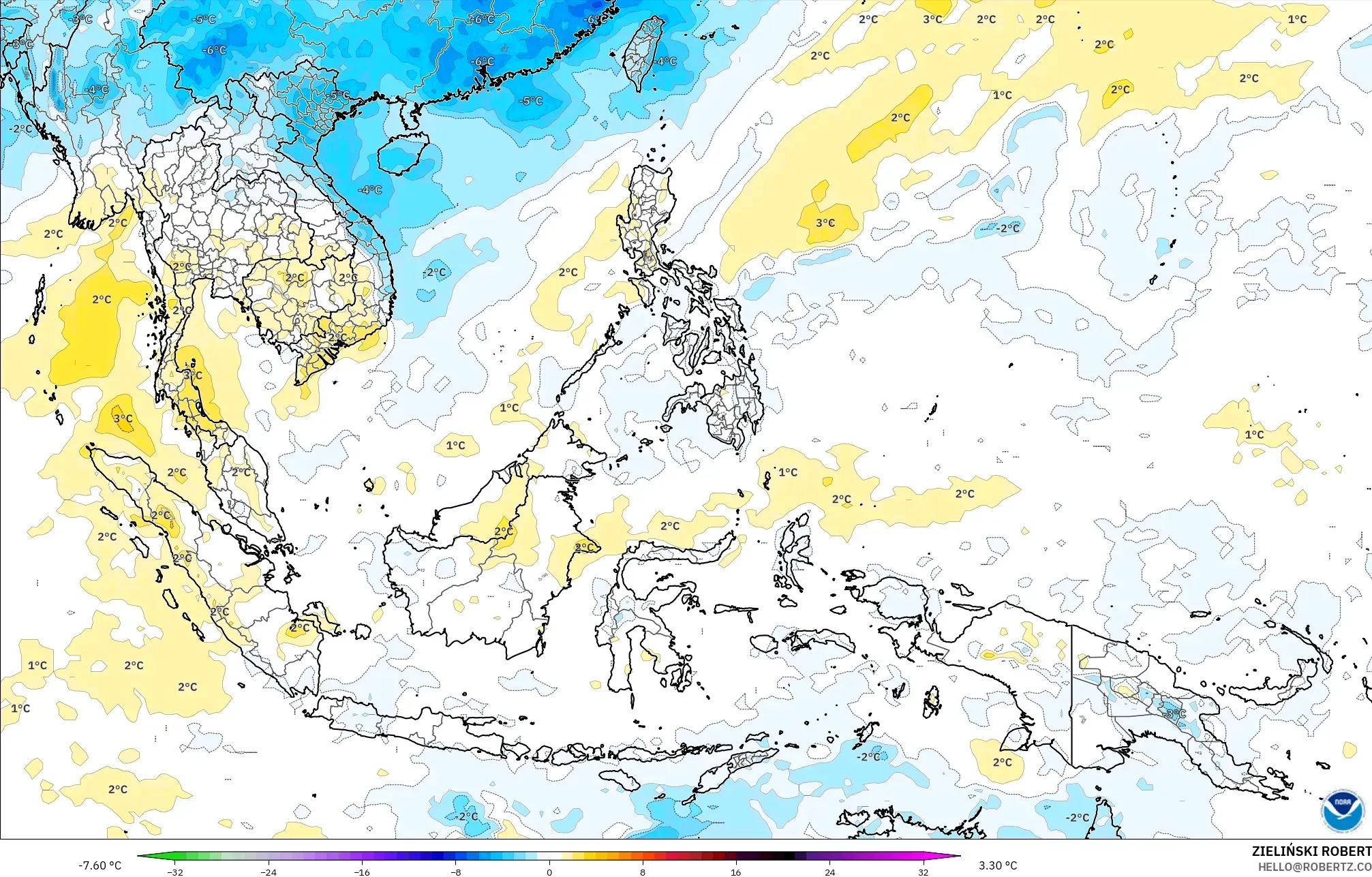 GFS model - Güneydoğu Asya, 850 hPa Sıcaklık Anomalisi