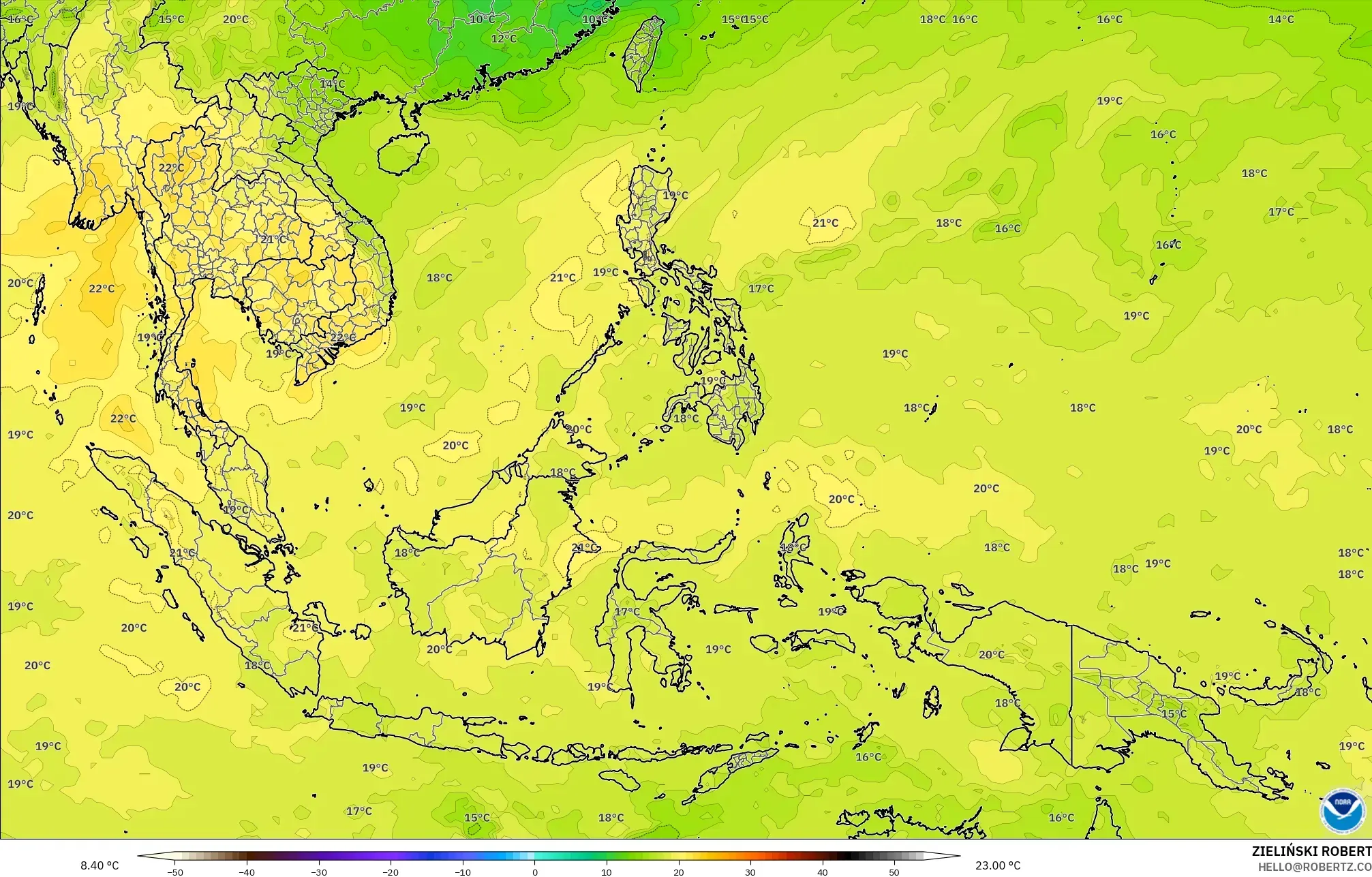 GFS model - Güneydoğu Asya, 850 hPa Sıcaklık