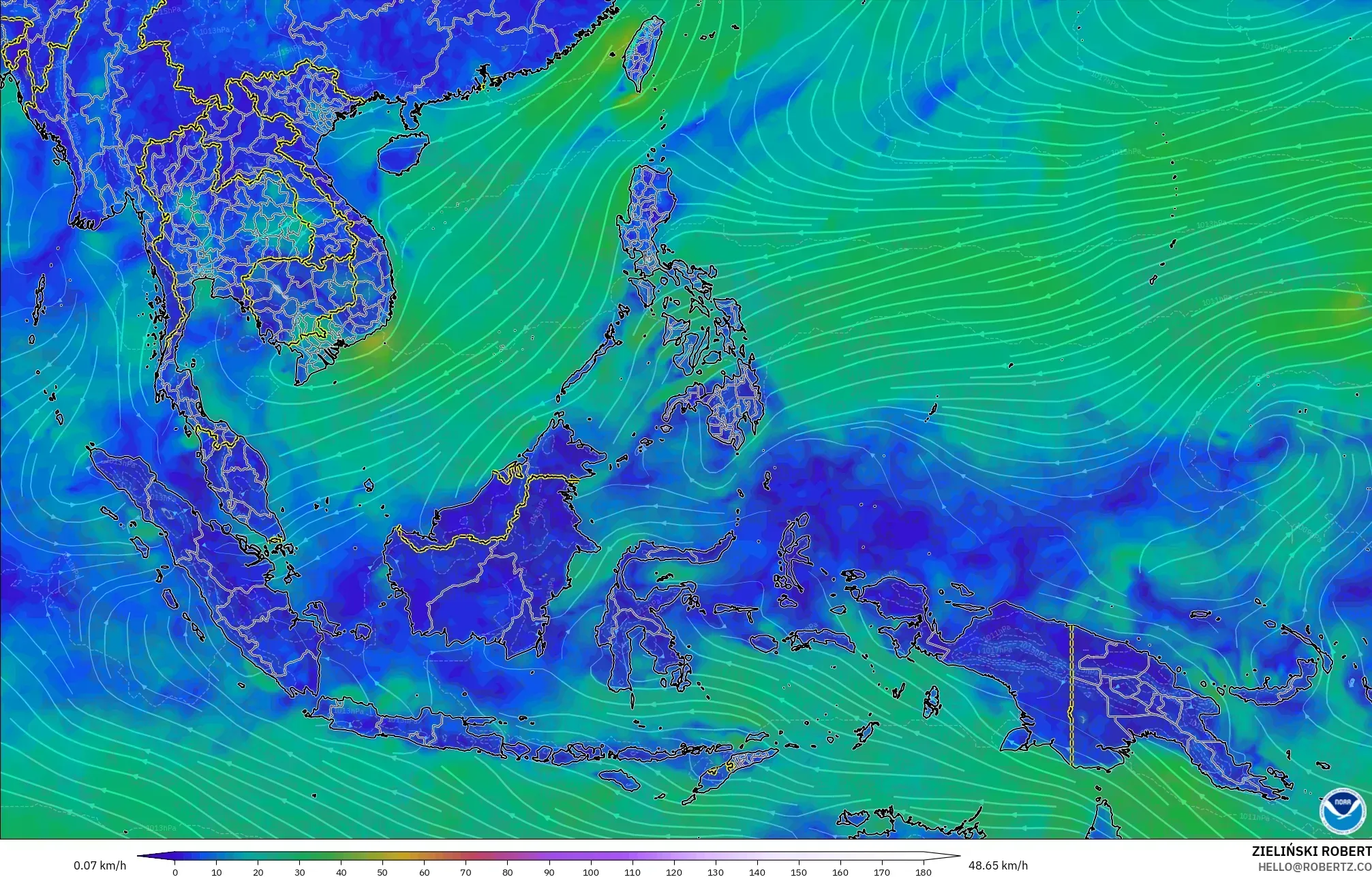 GFS model - Güneydoğu Asya, 10 m Rüzgâr