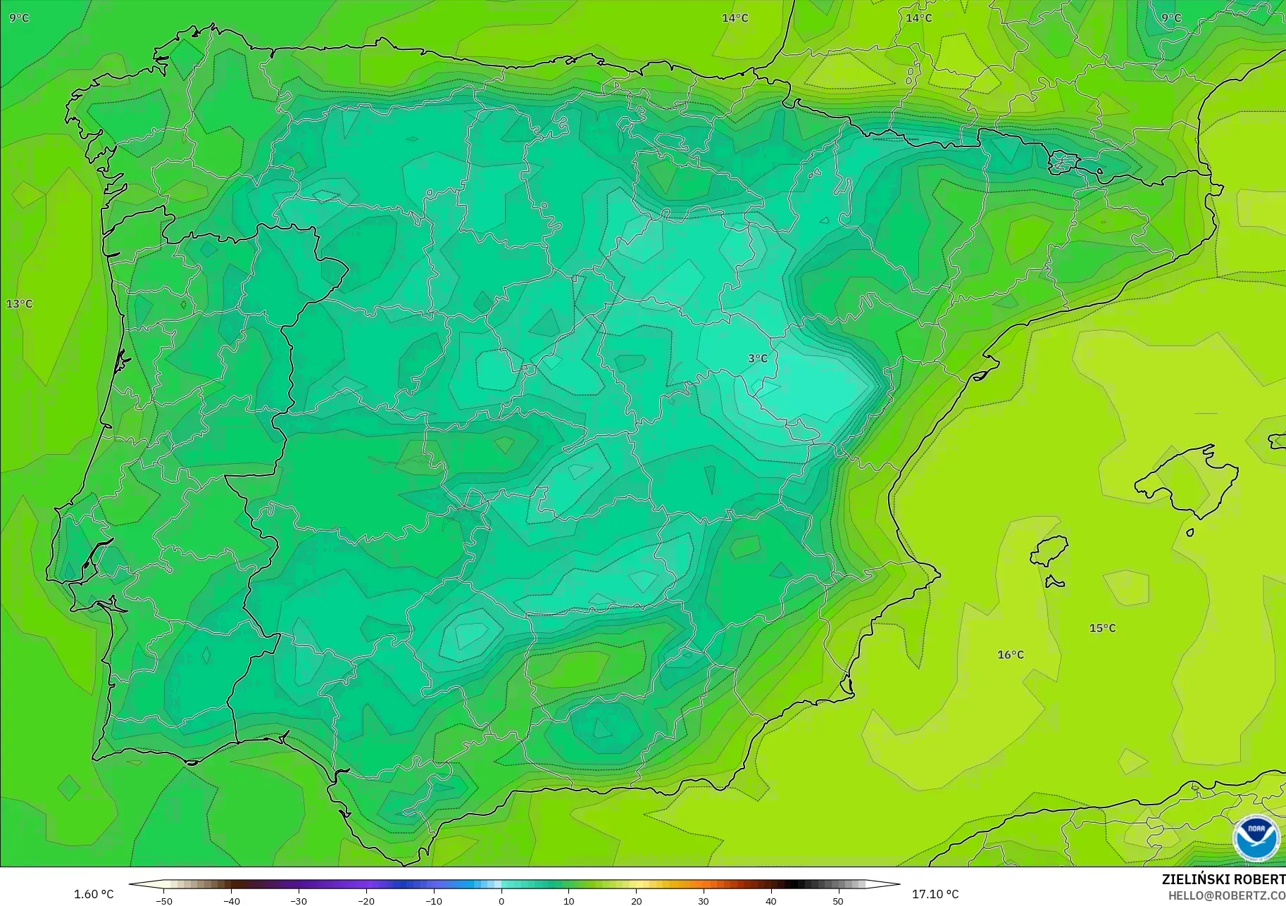 GFS model - İspanya, 2 m Çiy Noktası
