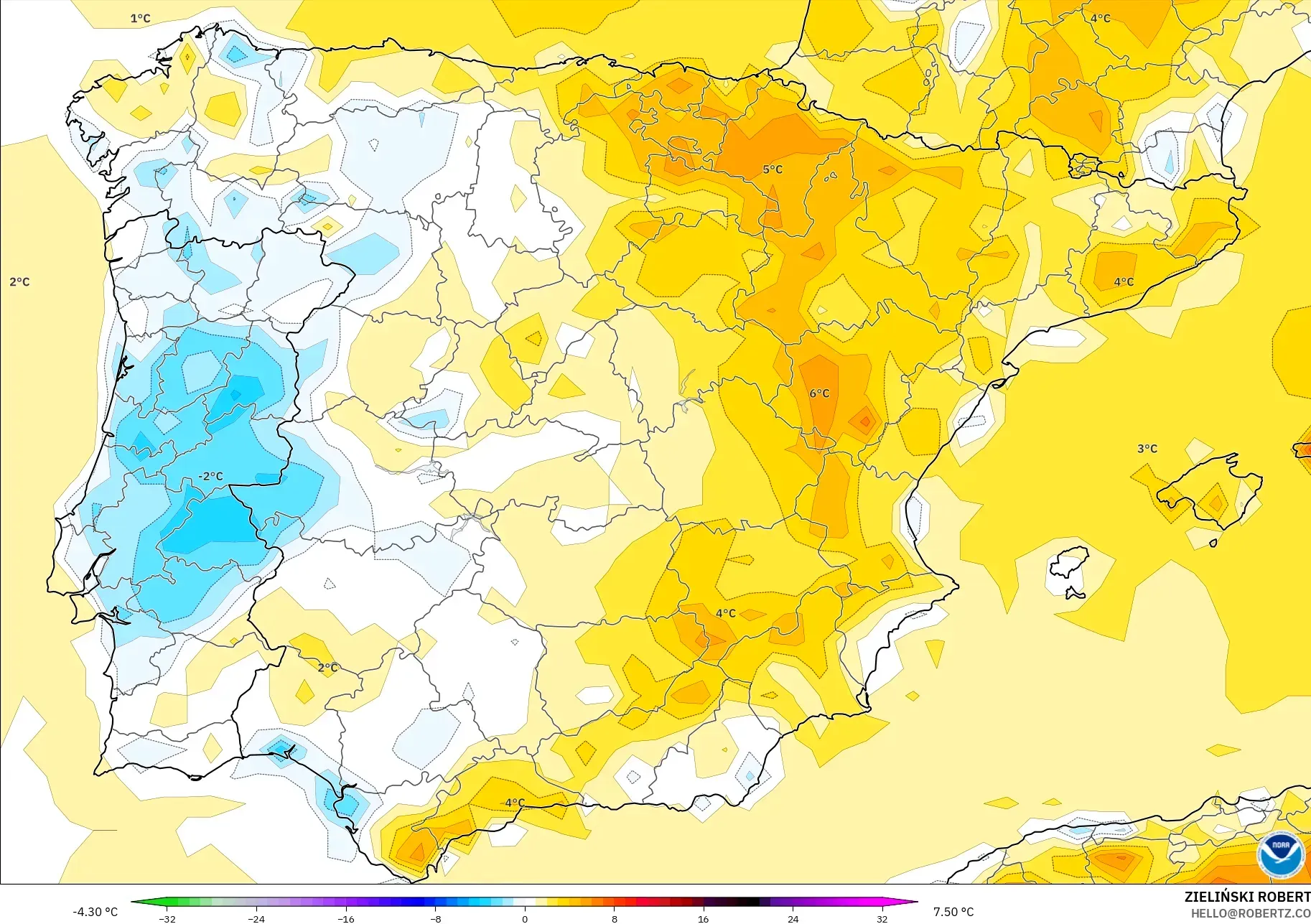 GFS model - İspanya, 2 m Sıcaklık Anomalisi