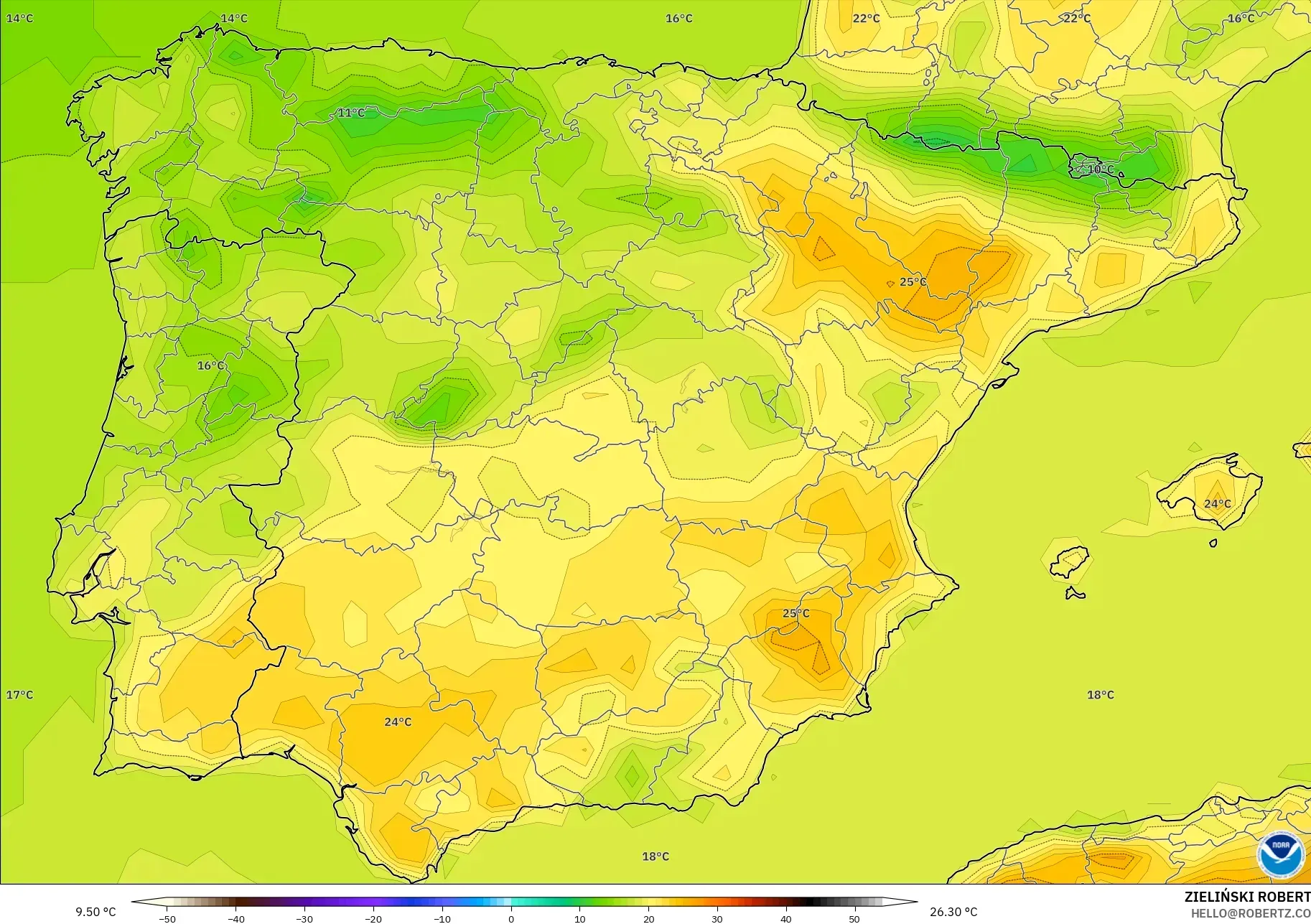 GFS model - İspanya, 2 m Sıcaklık
