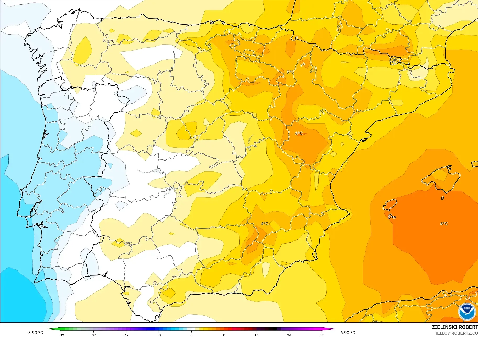 GFS model - İspanya, 850 hPa Sıcaklık Anomalisi