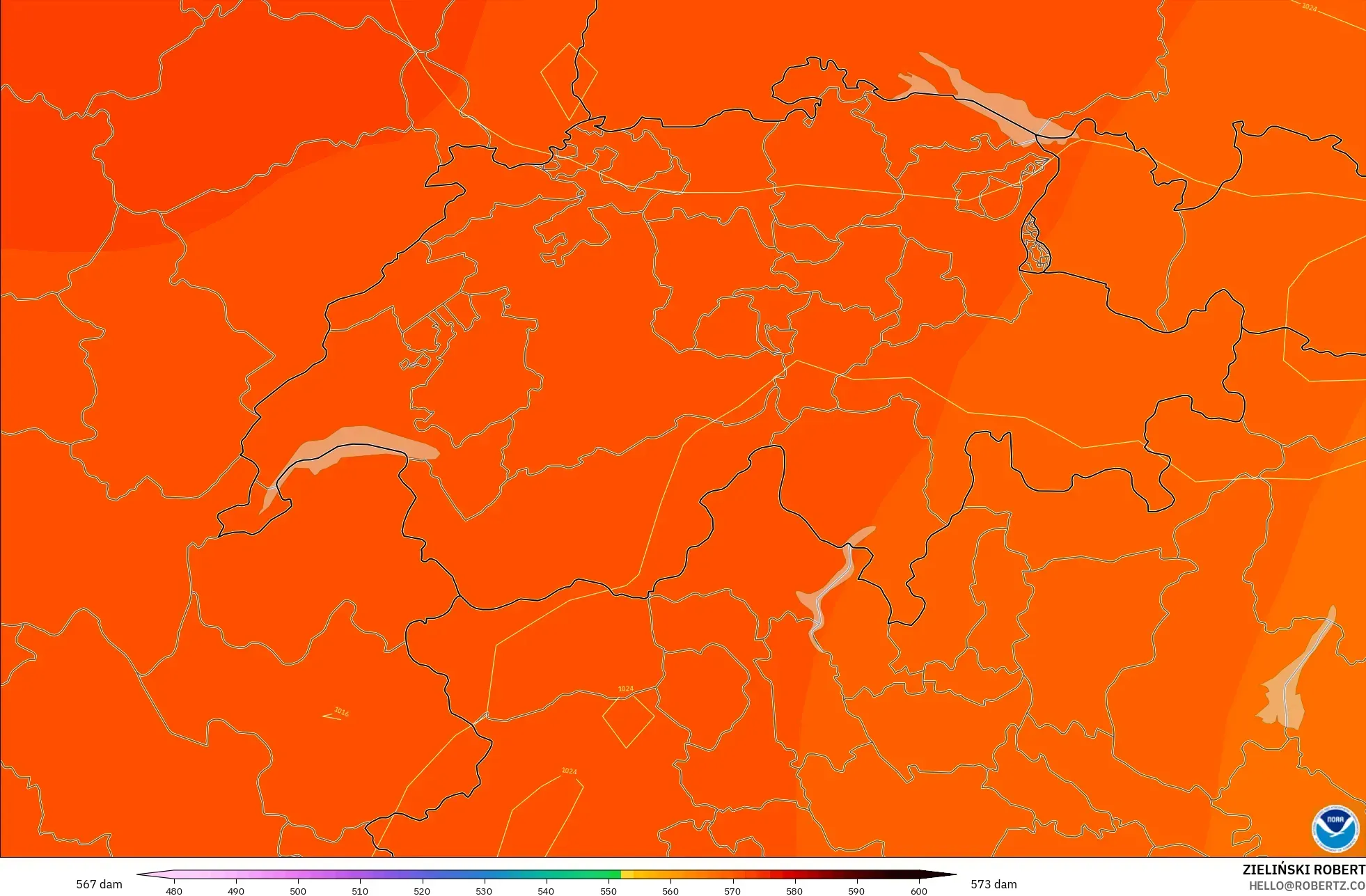 GFS model - İsviçre, 500 hPa’da jeopotansiyel yükseklik
