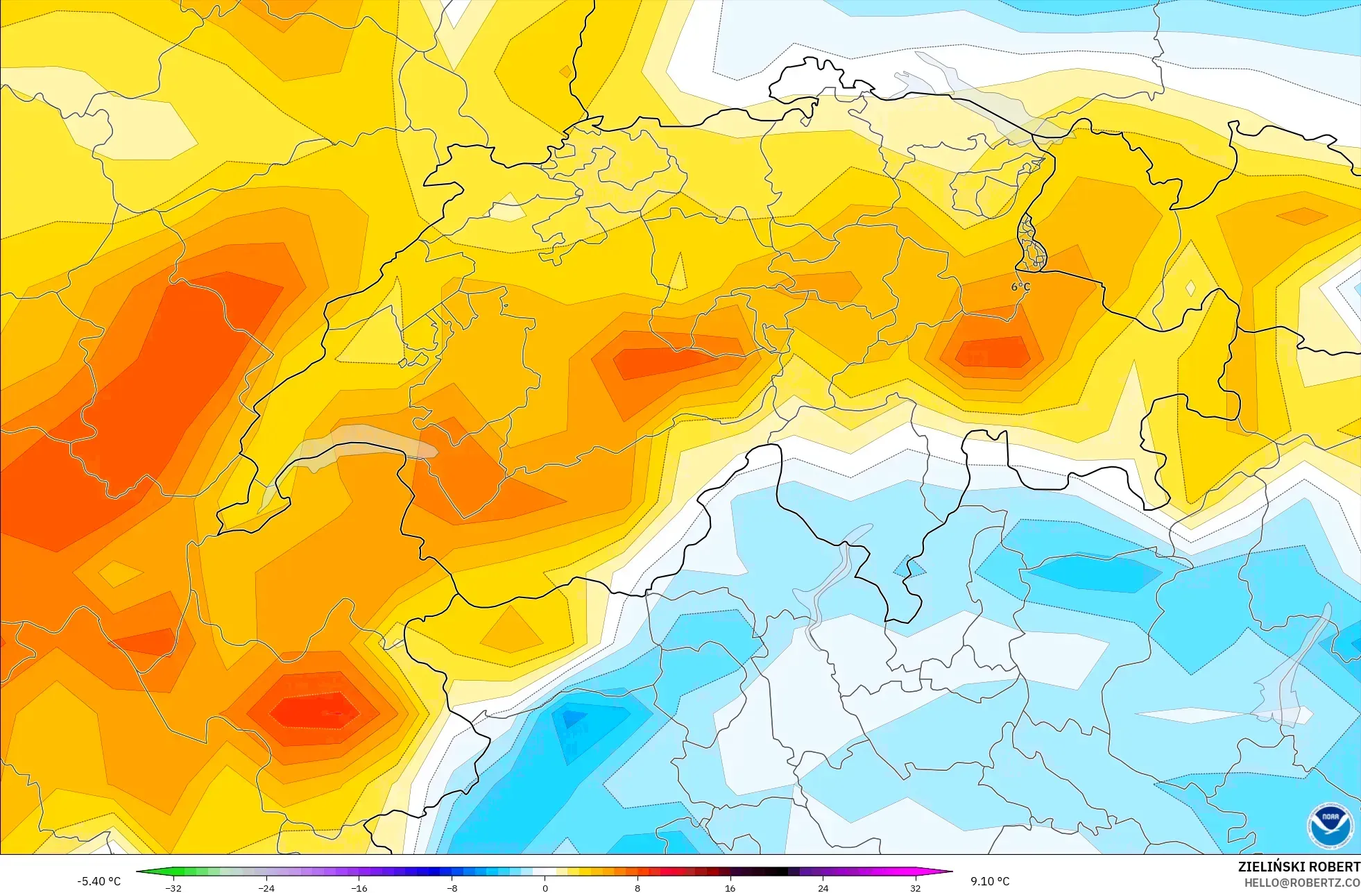 GFS model - İsviçre, 2 m Sıcaklık Anomalisi