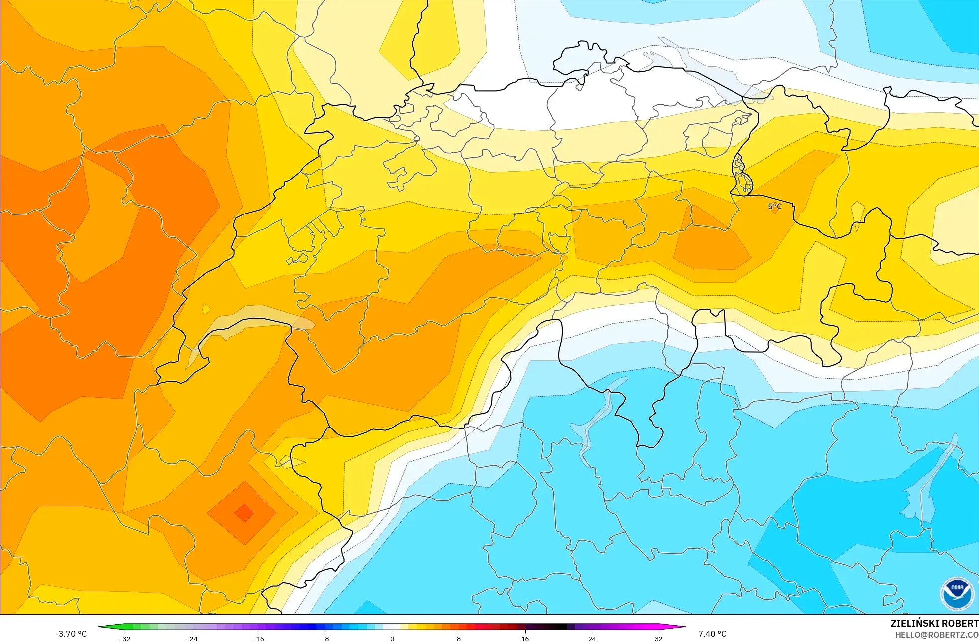 GFS model - İsviçre, 850 hPa Sıcaklık Anomalisi