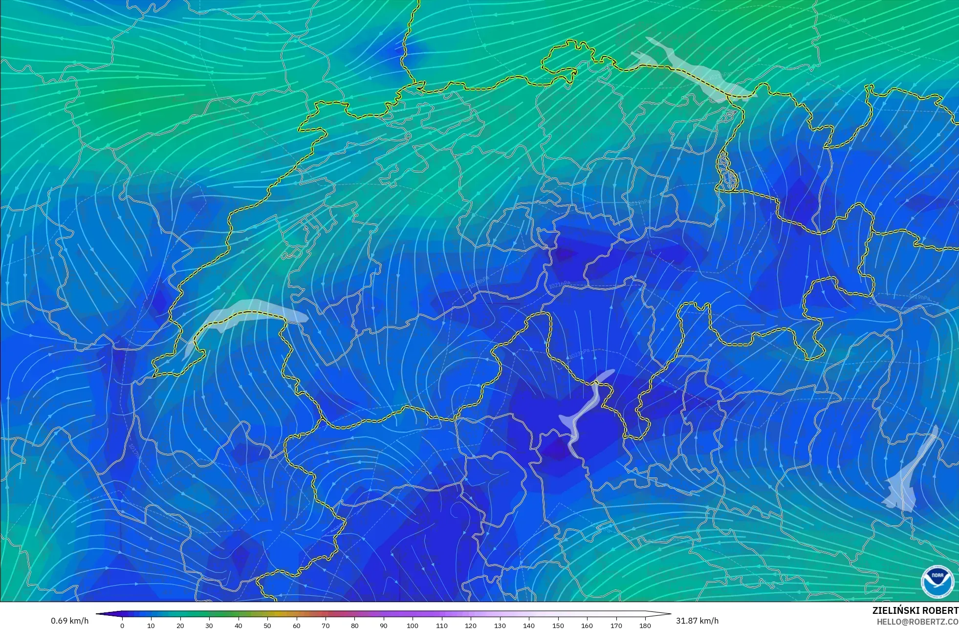 GFS model - İsviçre, 10 m Rüzgâr