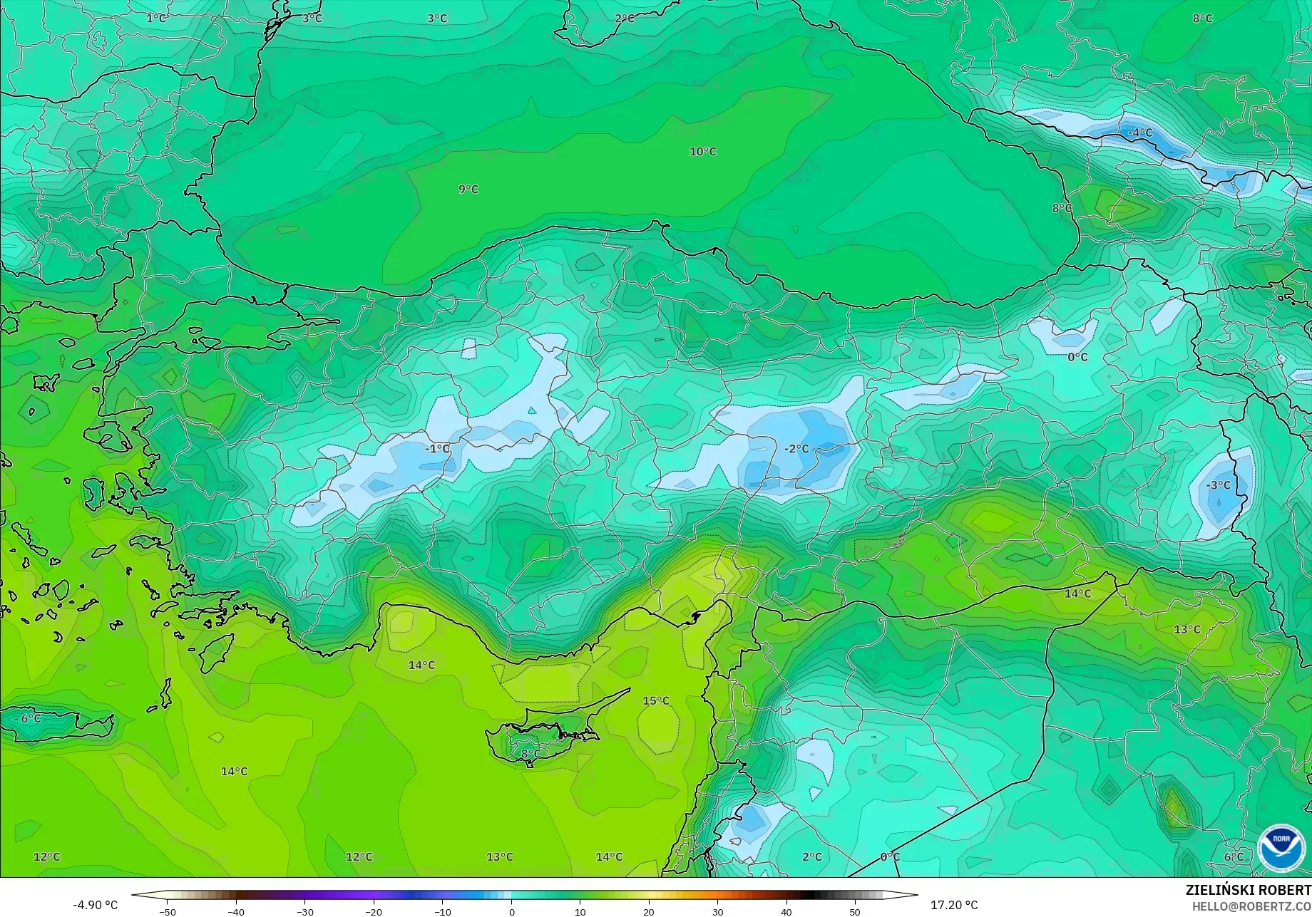 GFS model - Türkiye, 2 m Çiy Noktası