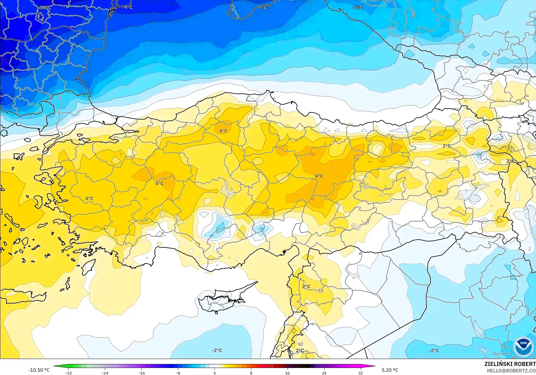 GFS model - Türkiye, 850 hPa Sıcaklık Anomalisi