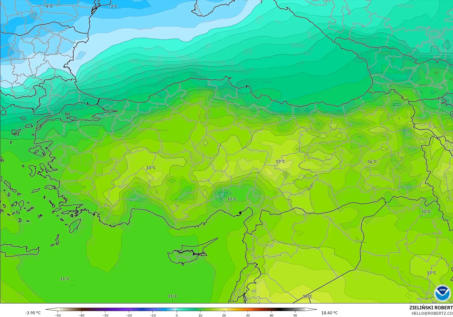 GFS model - Türkiye, 850 hPa Sıcaklık