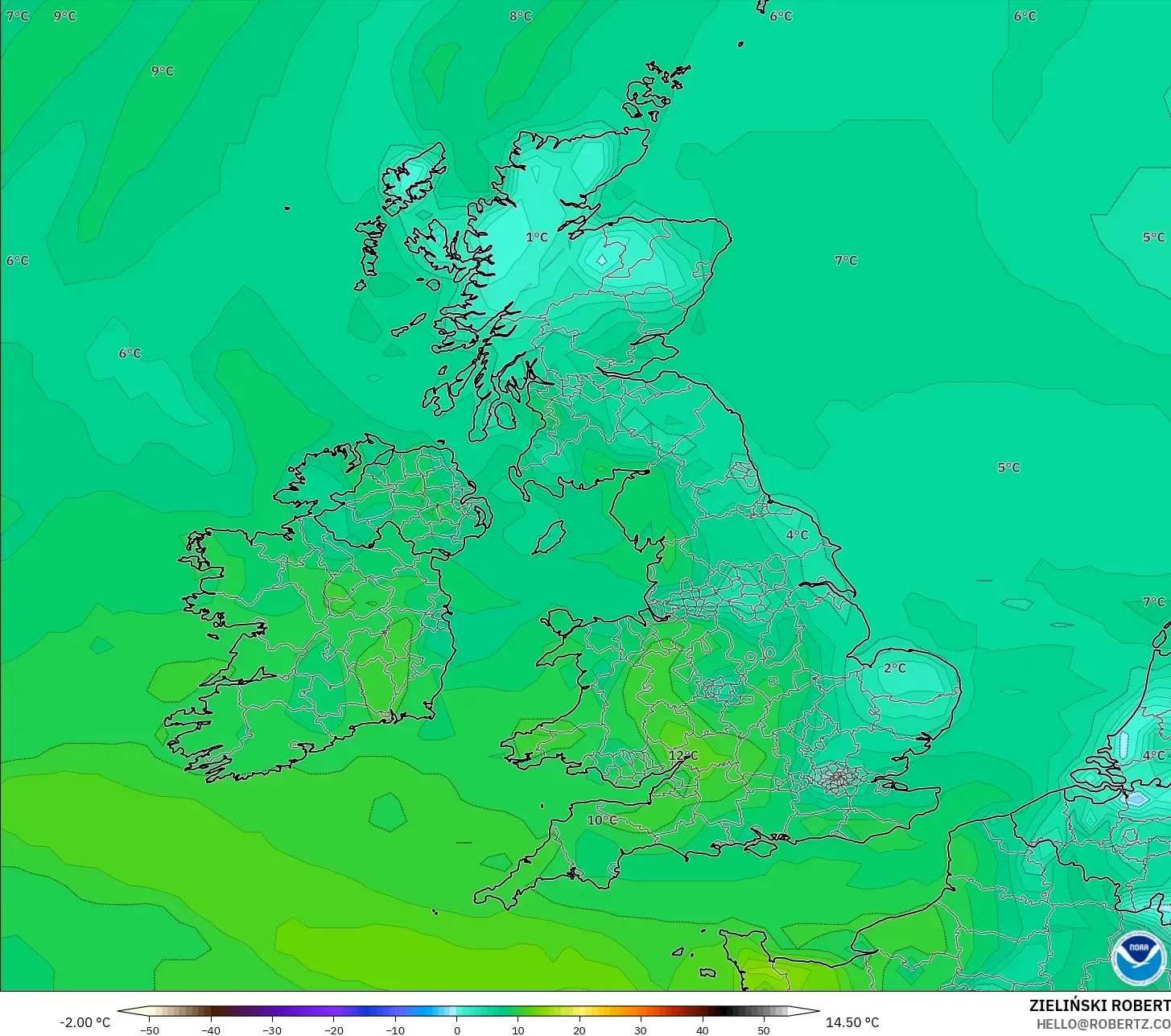 GFS model - Birleşik Krallık, 2 m Çiy Noktası