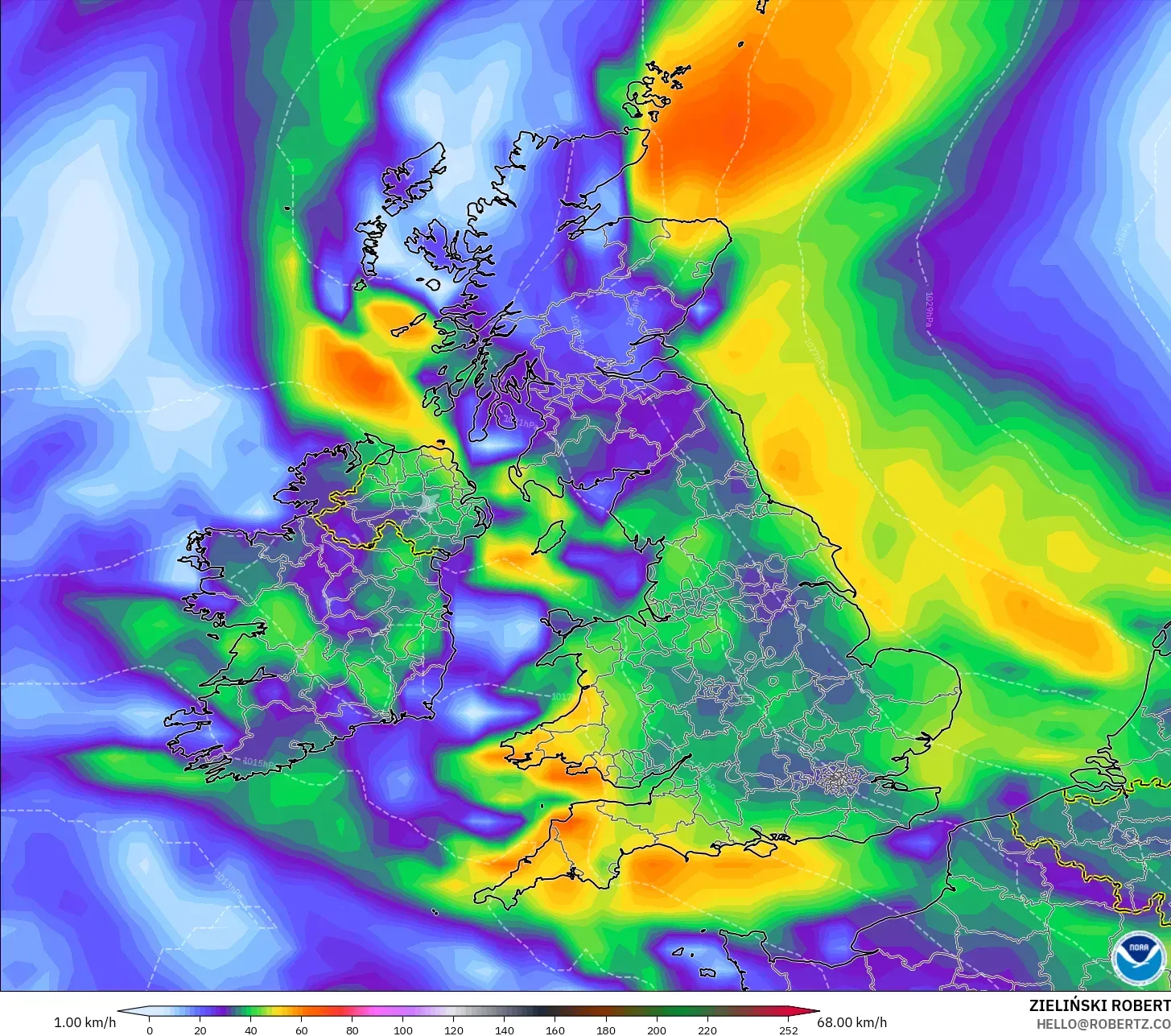 GFS model - Birleşik Krallık, Rüzgâr Esintileri