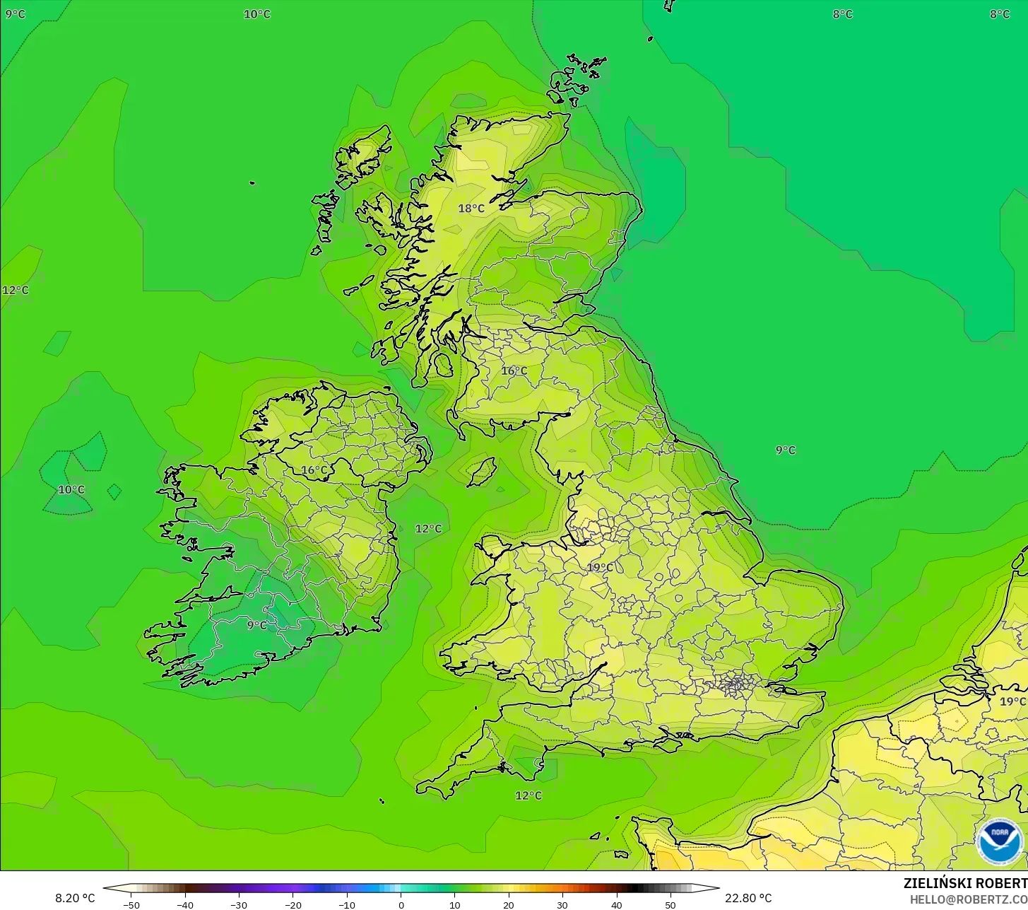 GFS model - Birleşik Krallık, 2 m Sıcaklık