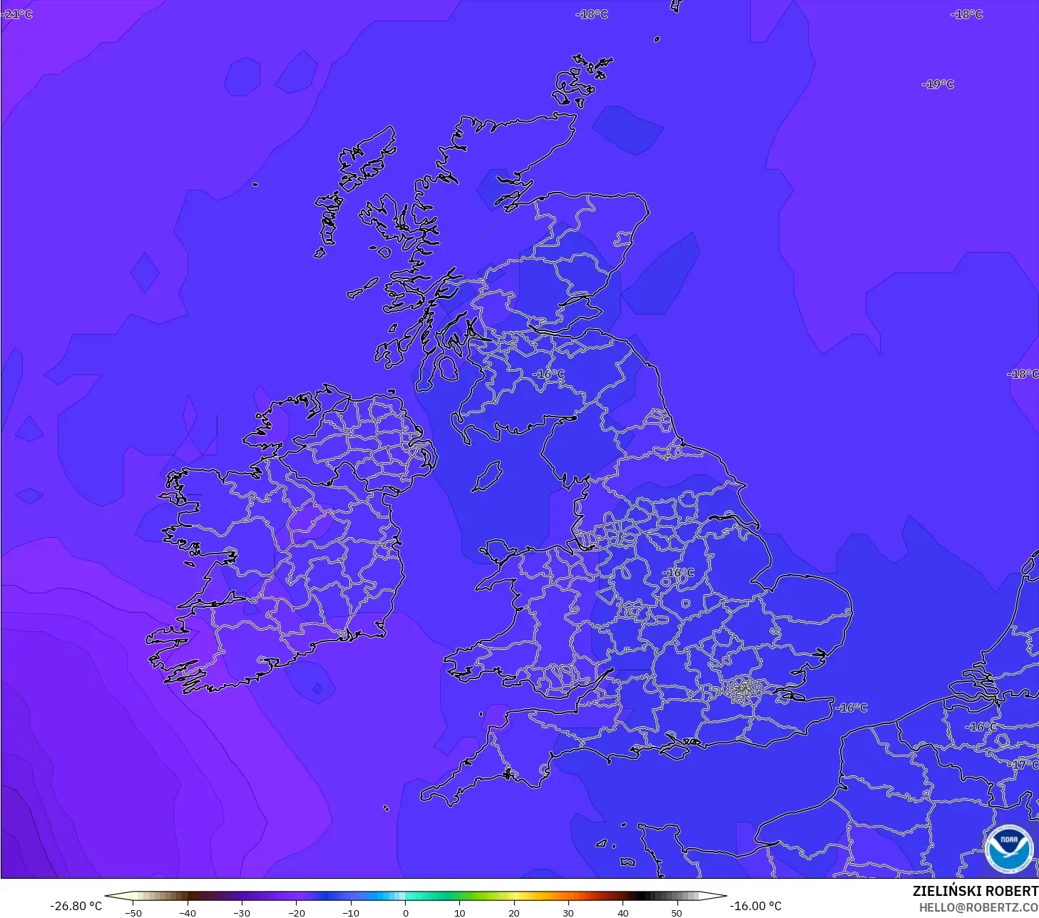 GFS model - Birleşik Krallık, 500 hPa Sıcaklık