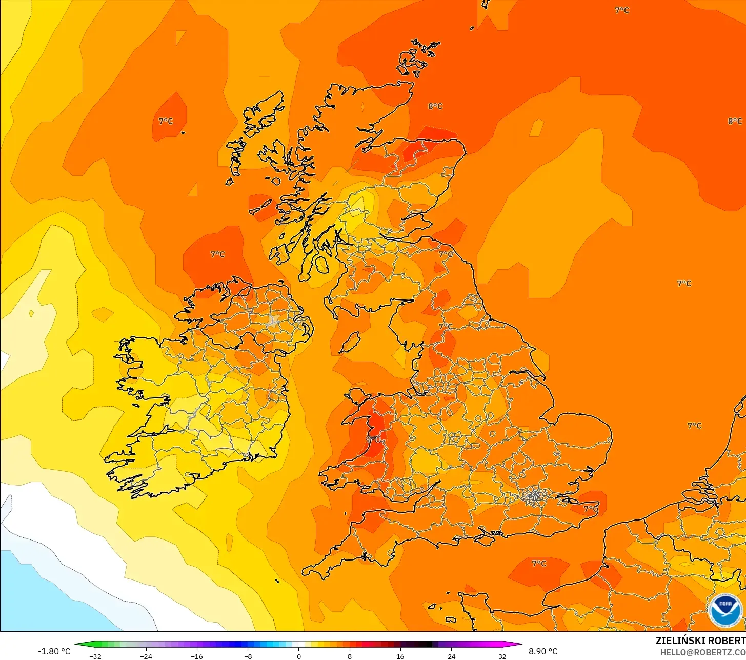 GFS model - Birleşik Krallık, 850 hPa Sıcaklık Anomalisi