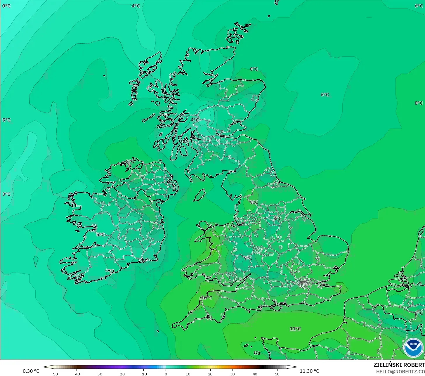 GFS model - Birleşik Krallık, 850 hPa Sıcaklık