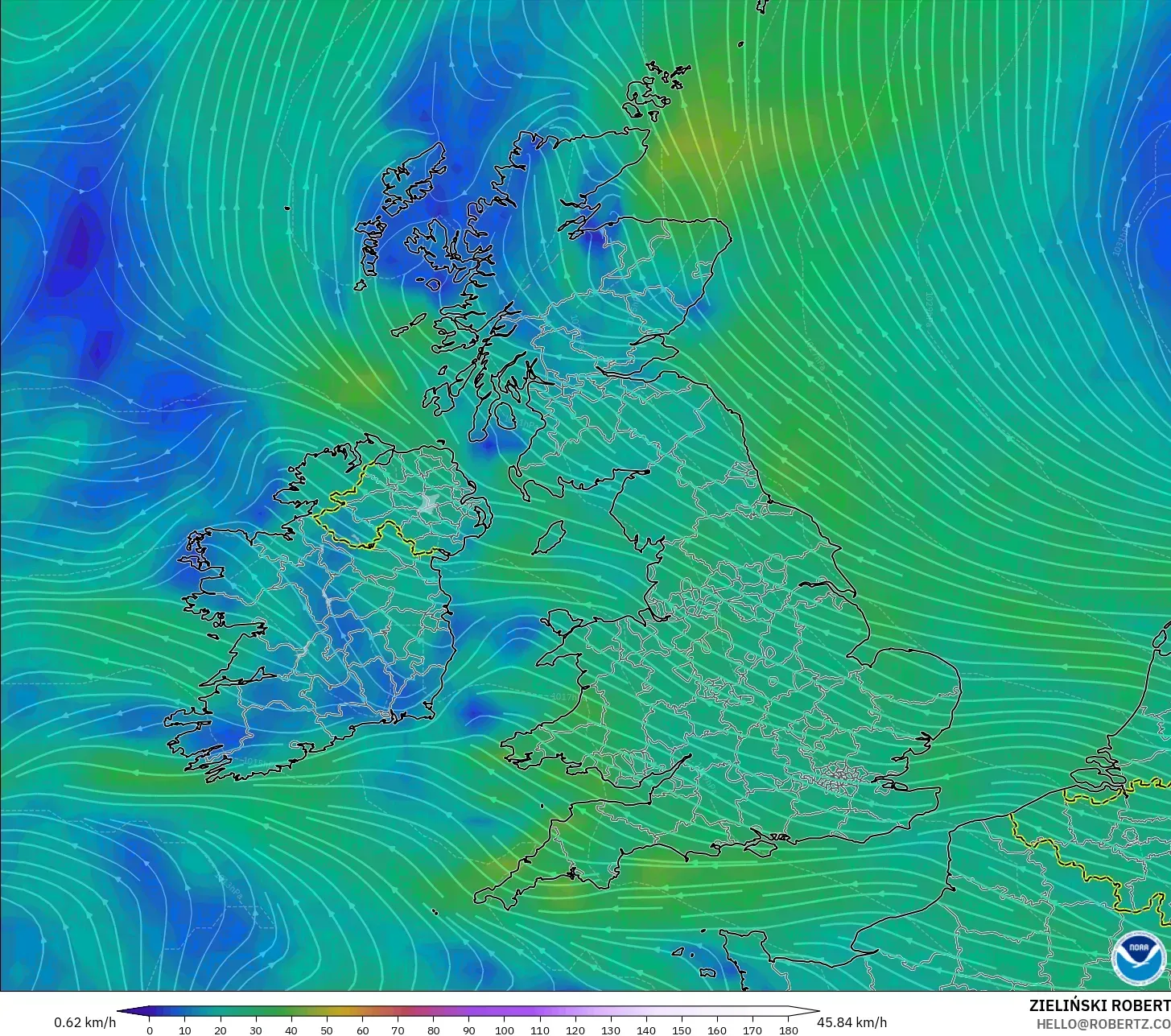 GFS model - Birleşik Krallık, 10 m Rüzgâr