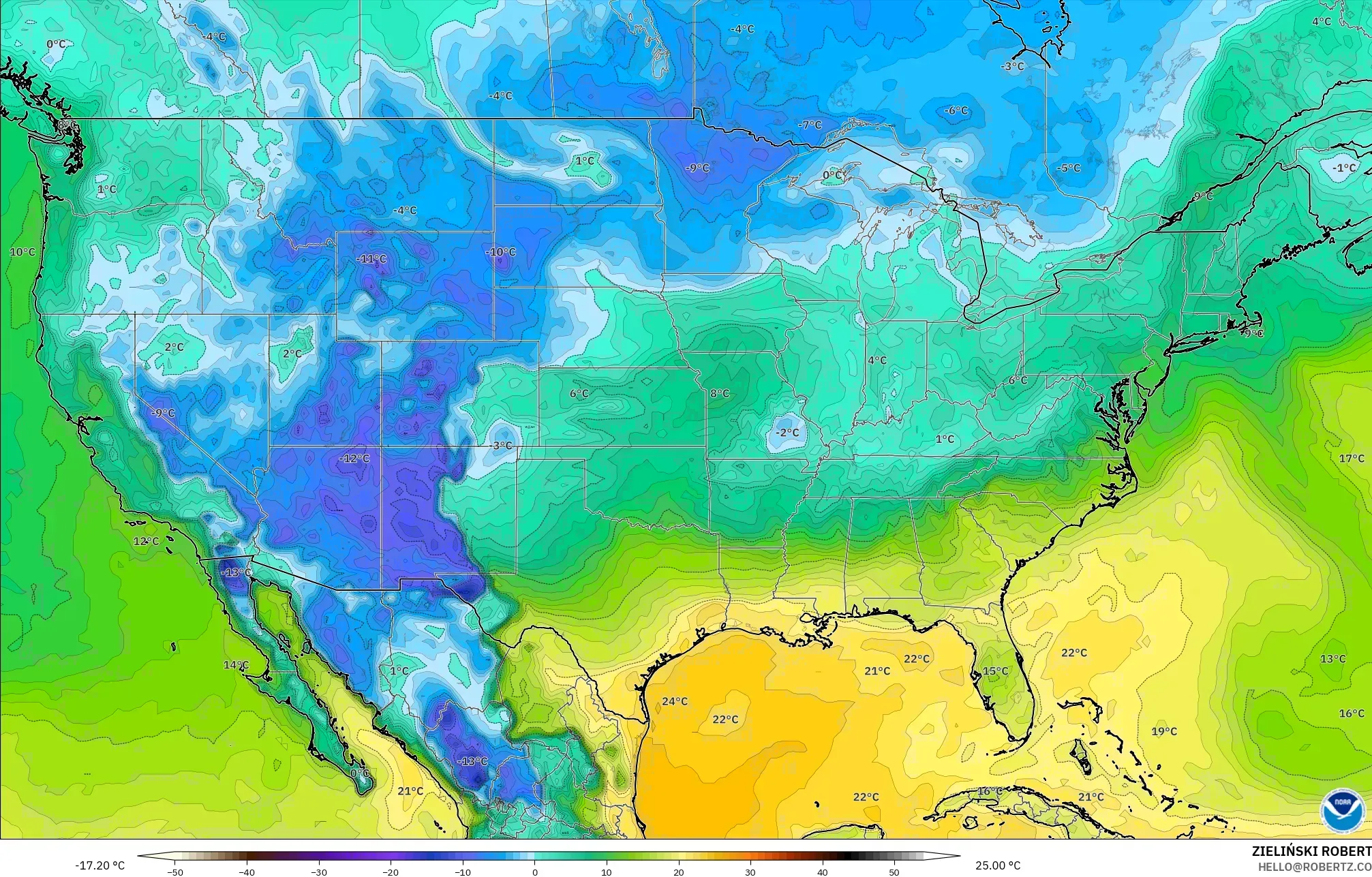 GFS model - Amerika Birleşik Devletleri, 2 m Çiy Noktası