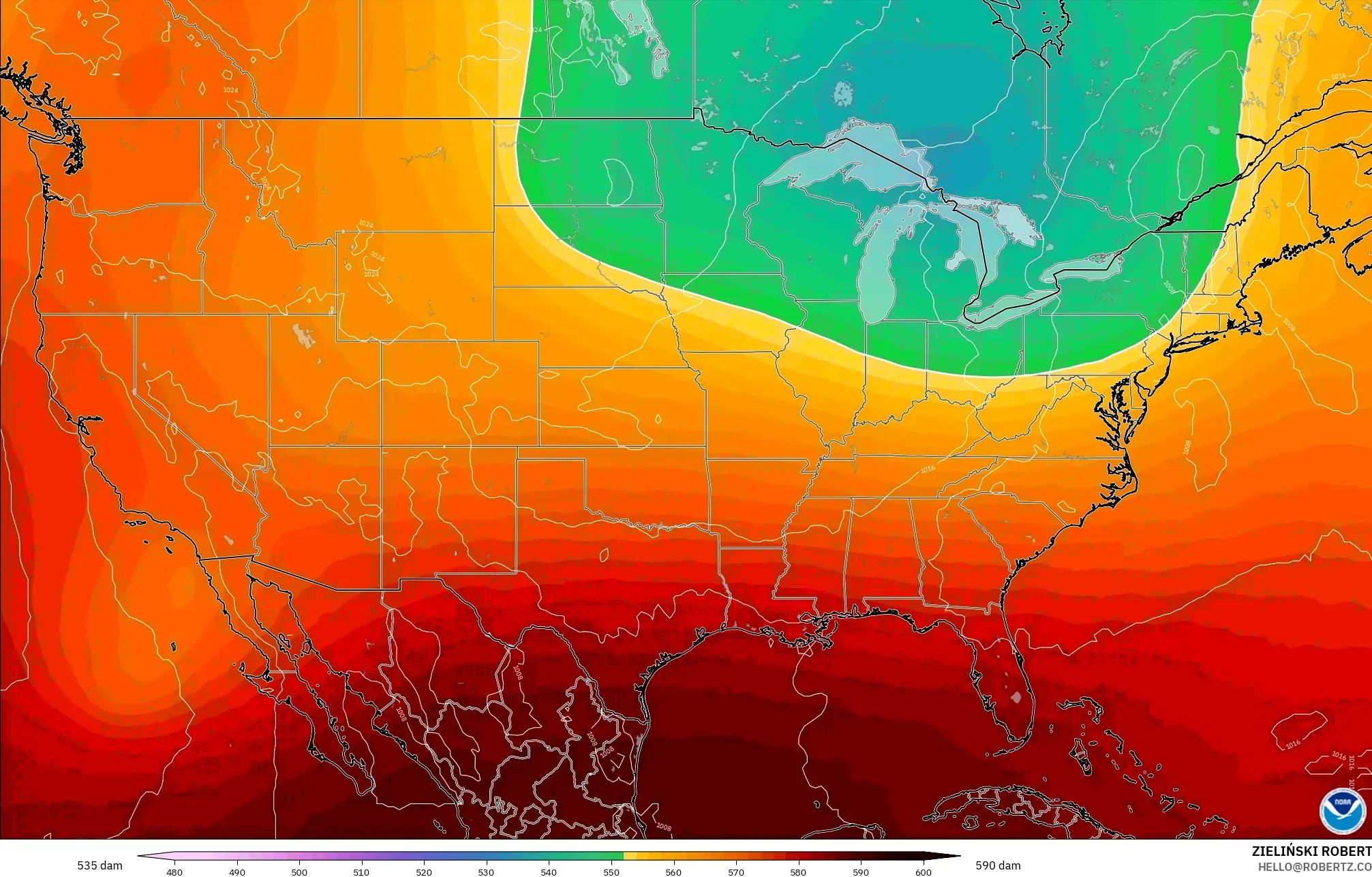 GFS model - Amerika Birleşik Devletleri, 500 hPa’da jeopotansiyel yükseklik