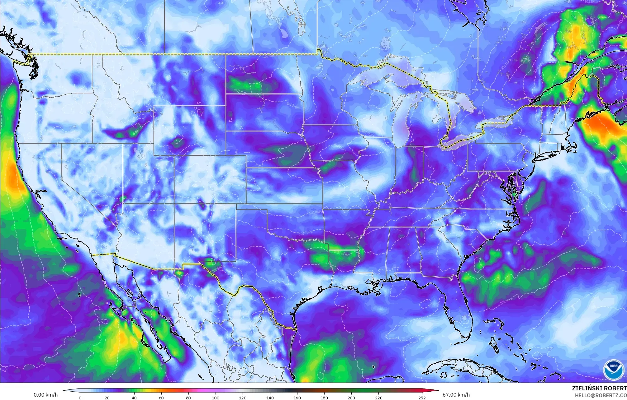 GFS model - Amerika Birleşik Devletleri, En Yüksek Rüzgâr