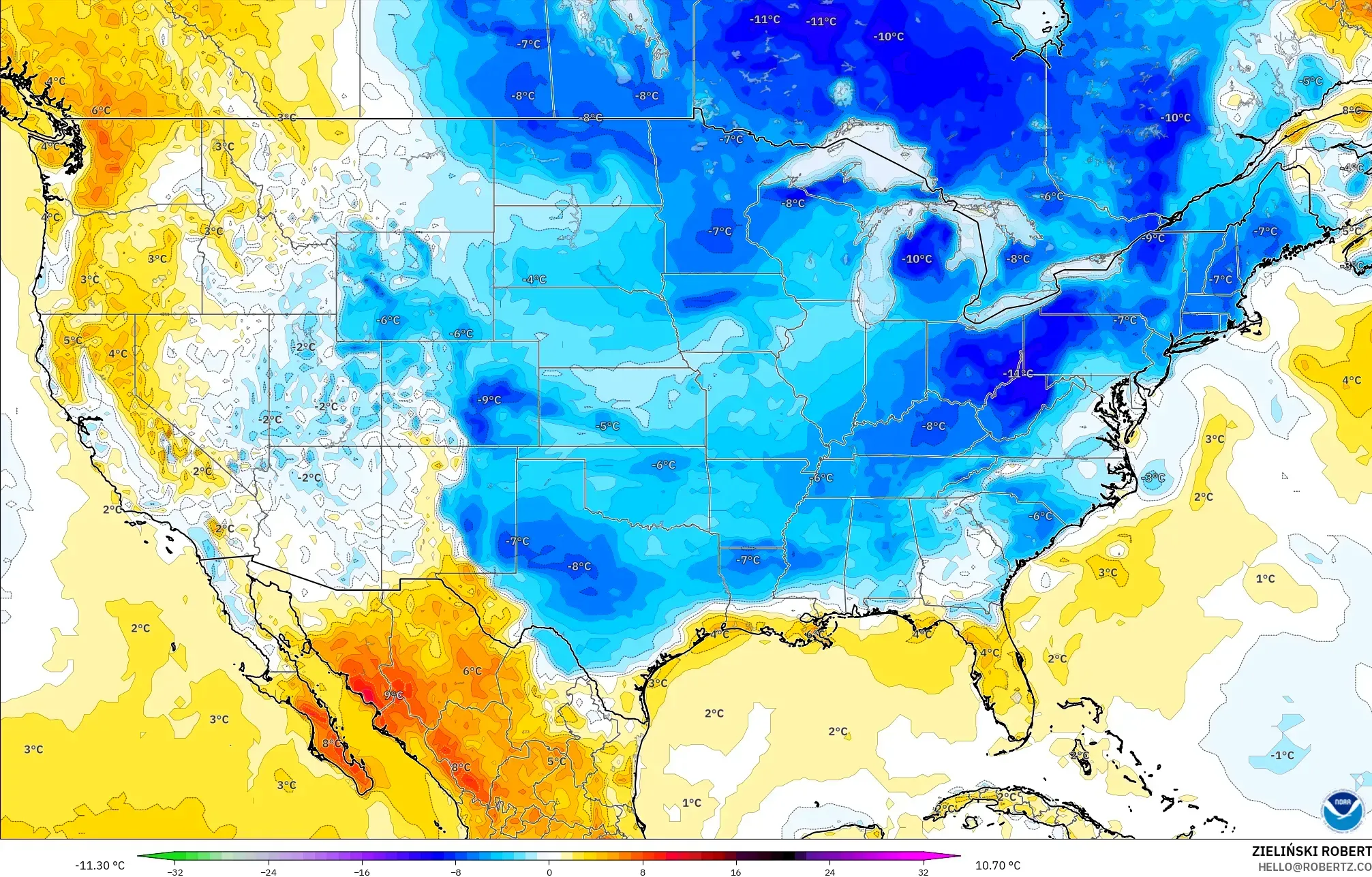 GFS model - Amerika Birleşik Devletleri, 2 m Sıcaklık Anomalisi