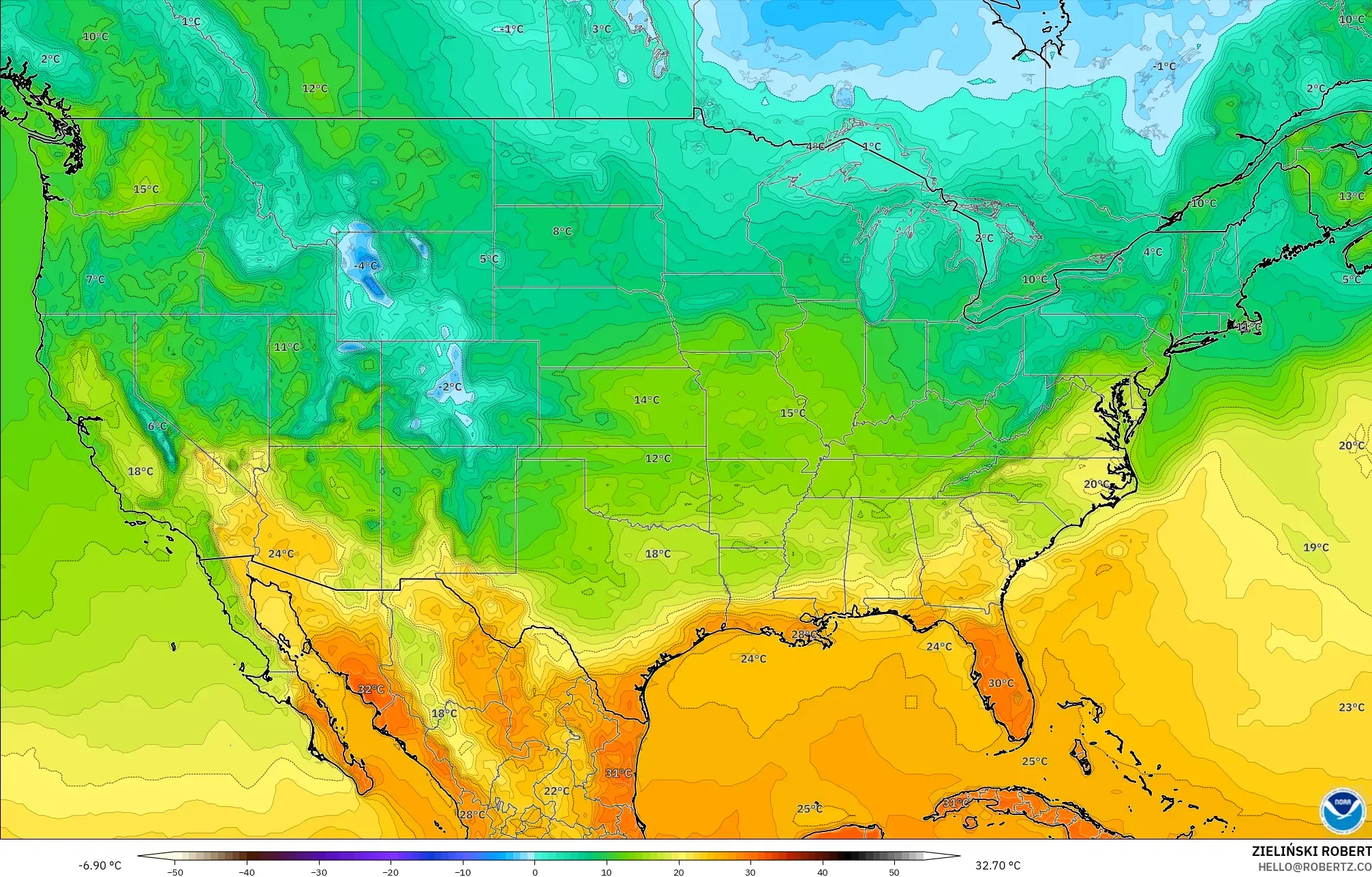 GFS model - Amerika Birleşik Devletleri, 2 m Sıcaklık