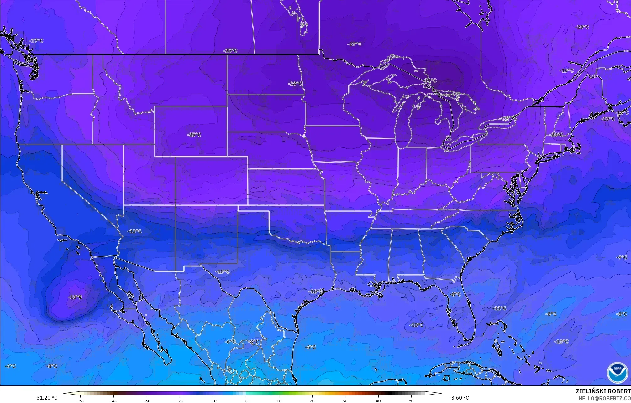 GFS model - Amerika Birleşik Devletleri, 500 hPa Sıcaklık