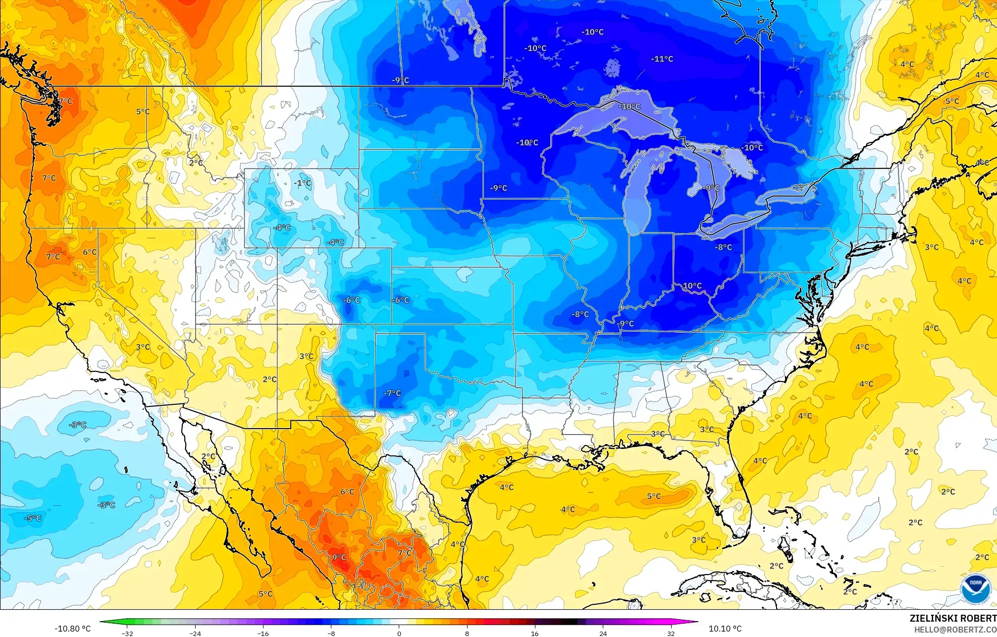 GFS model - Amerika Birleşik Devletleri, 850 hPa Sıcaklık Anomalisi