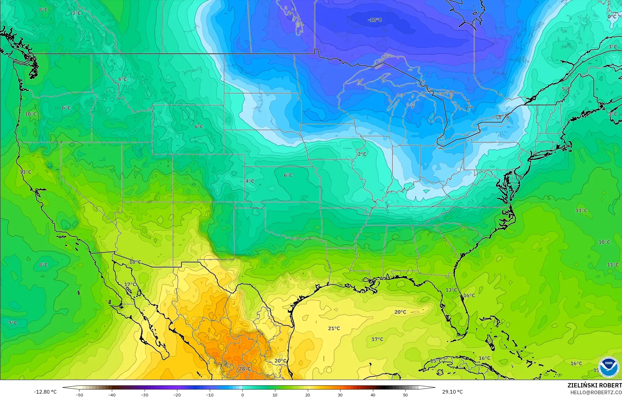 GFS model - Amerika Birleşik Devletleri, 850 hPa Sıcaklık