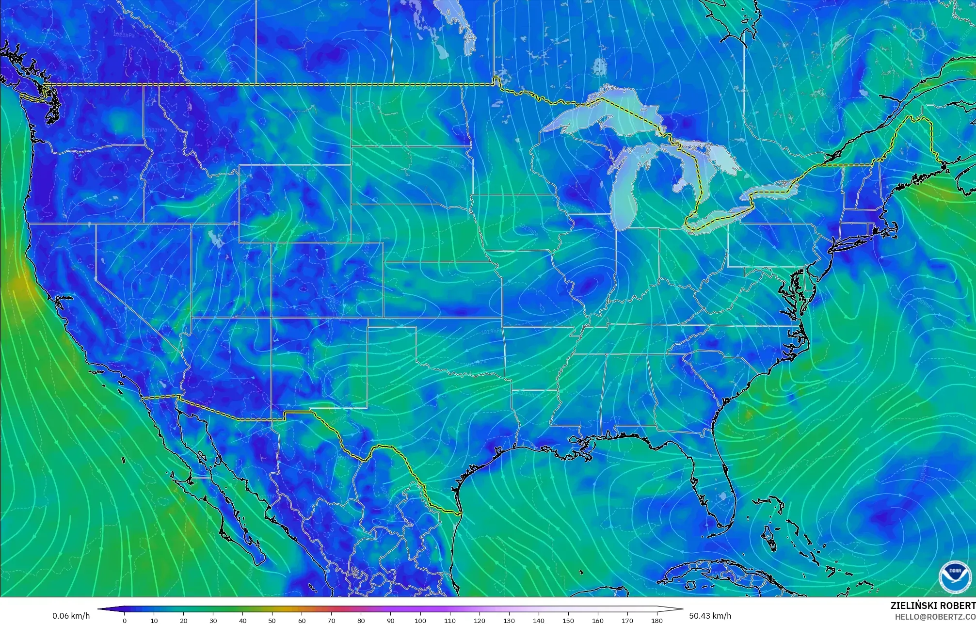 GFS model - Amerika Birleşik Devletleri, 10 m Rüzgâr