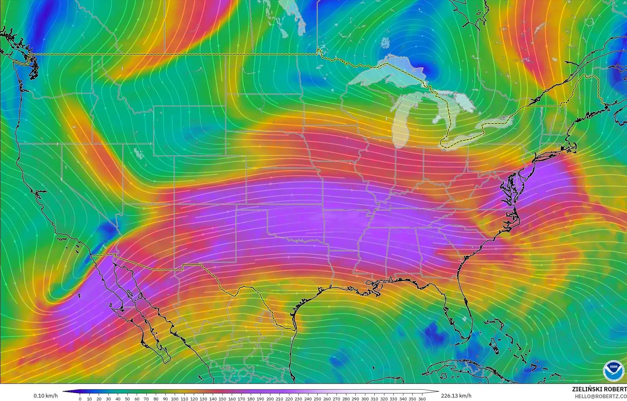GFS model - Amerika Birleşik Devletleri, 300 hPa Rüzgârı (jet)
