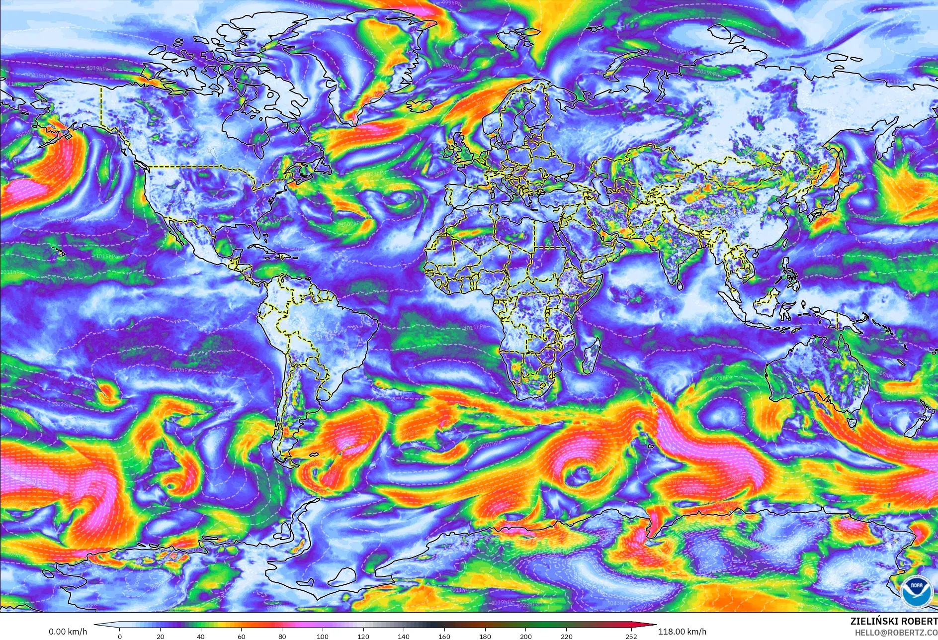 GFS model - Dünya, En Yüksek Rüzgâr